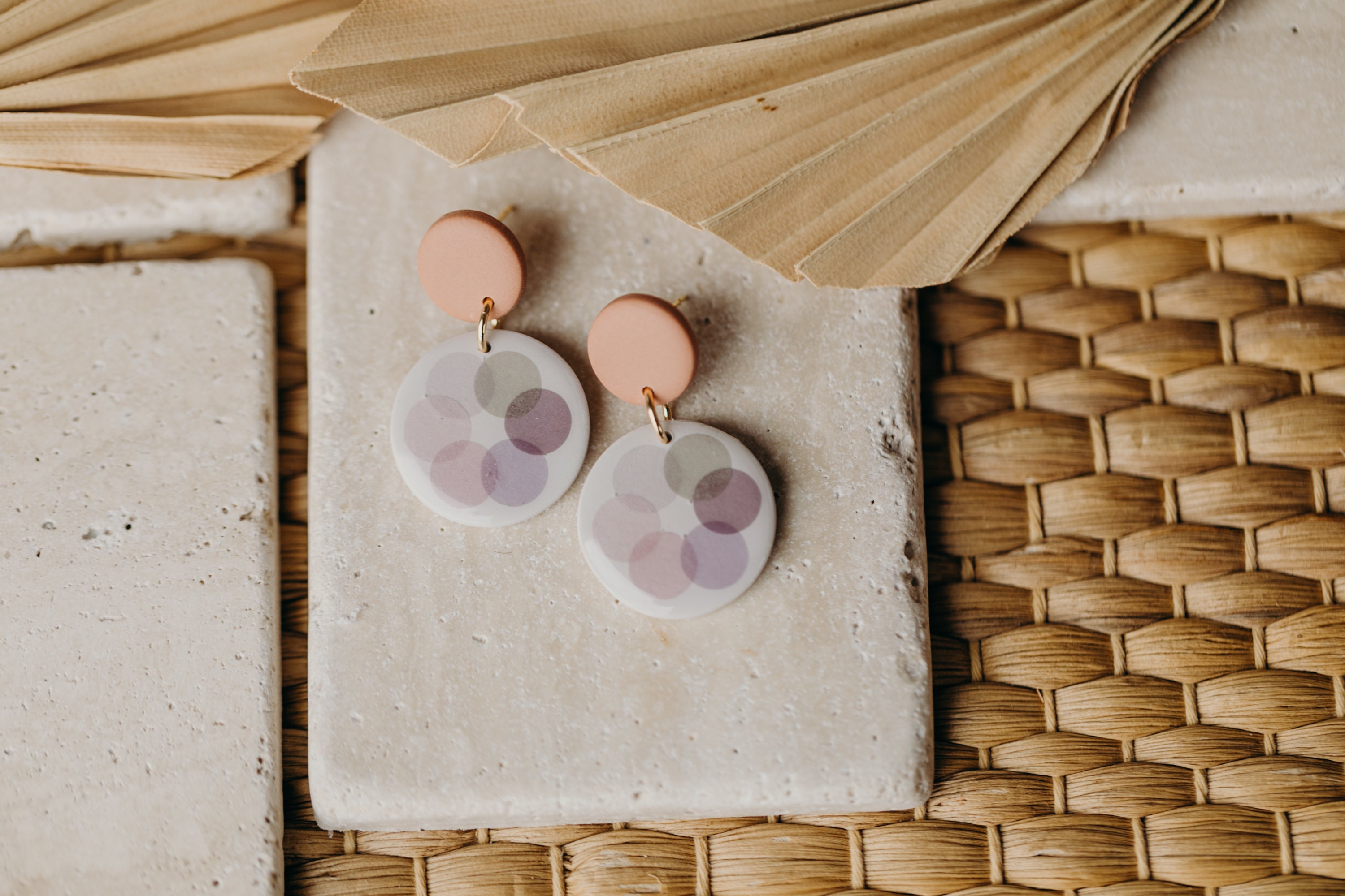 MARLA - round old pink polymer clay earrings with pink and grey dots