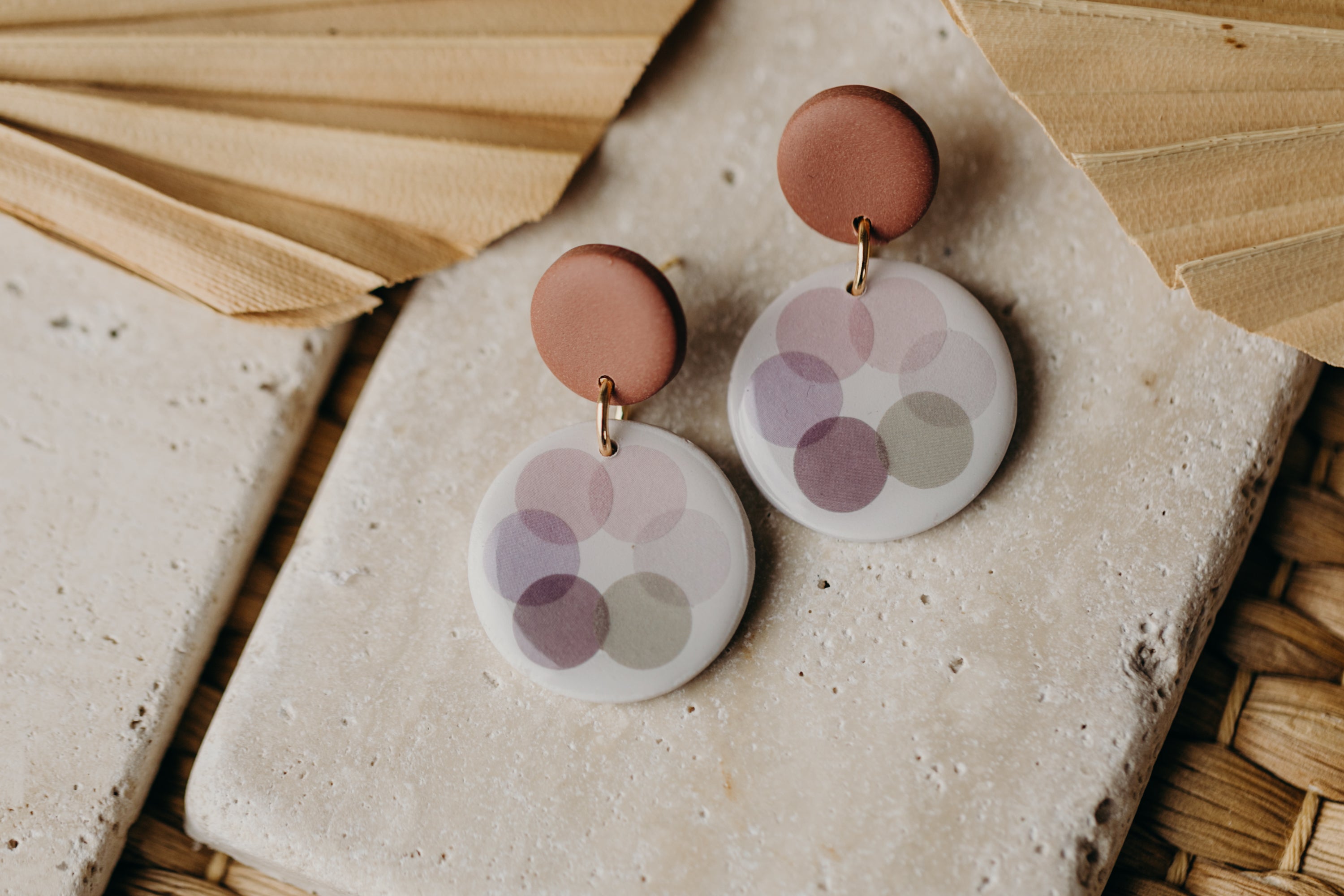 MARLA - round purple polymer clay earrings with pink and grey dots