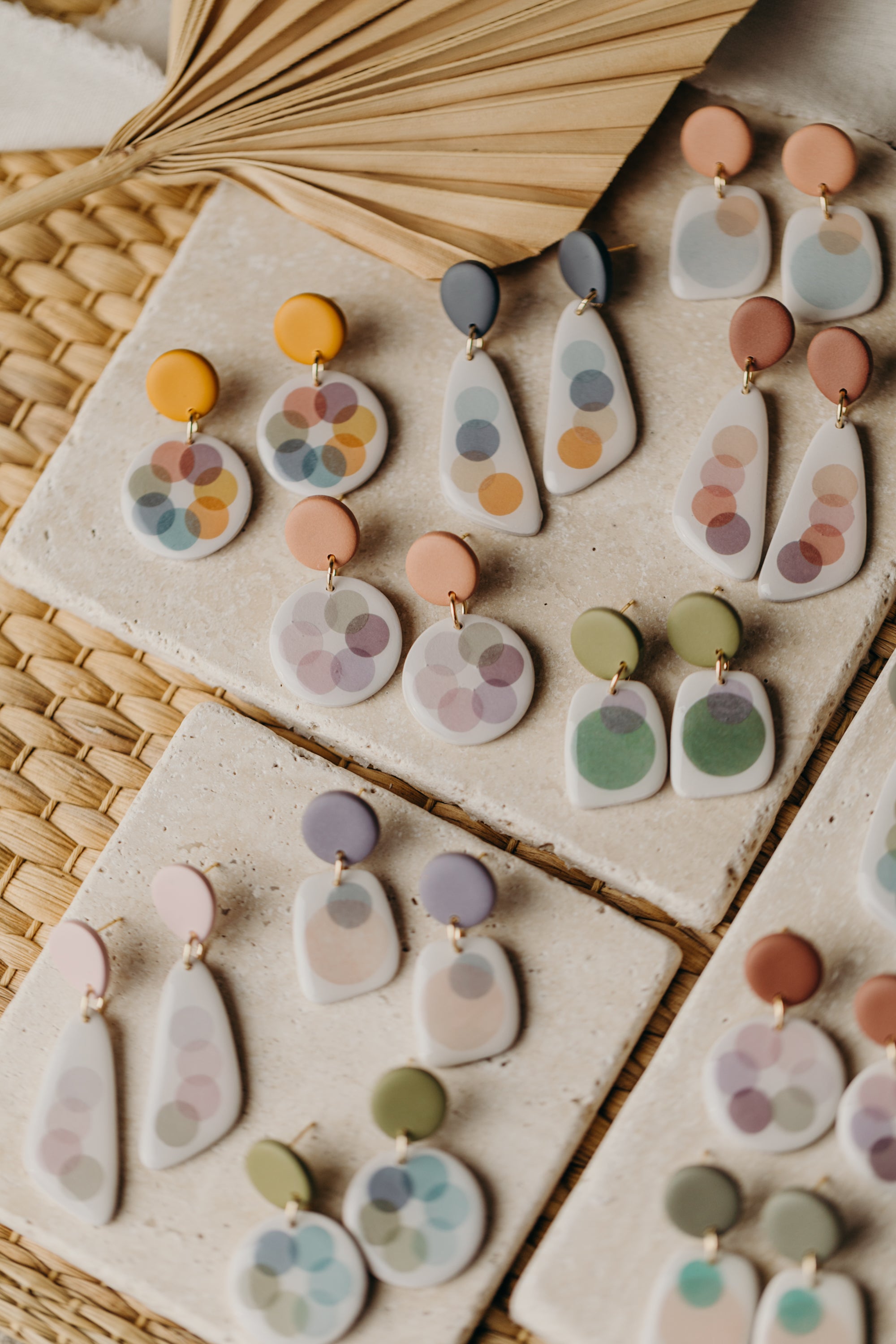 MARLA - round purple polymer clay earrings with pink and grey dots