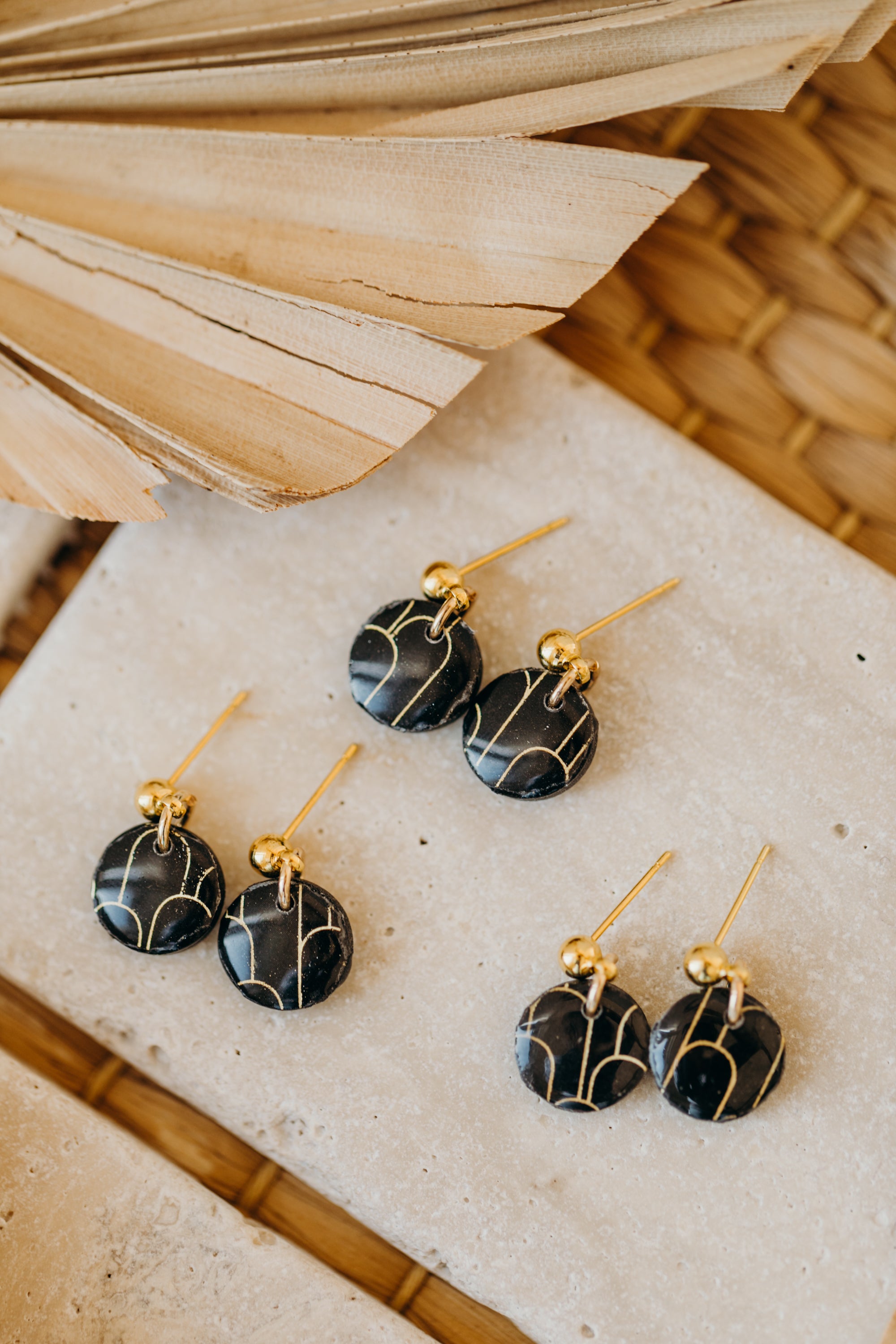 HILDE - small round black polymer clay earrings