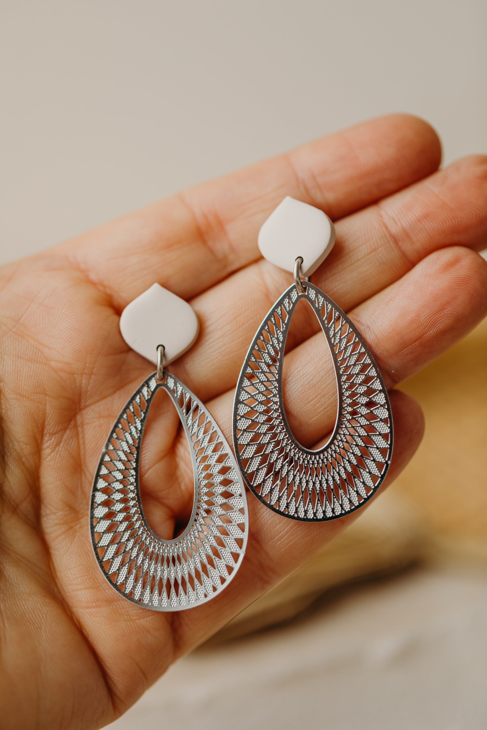 Round polymer clay earrings with drop pendant