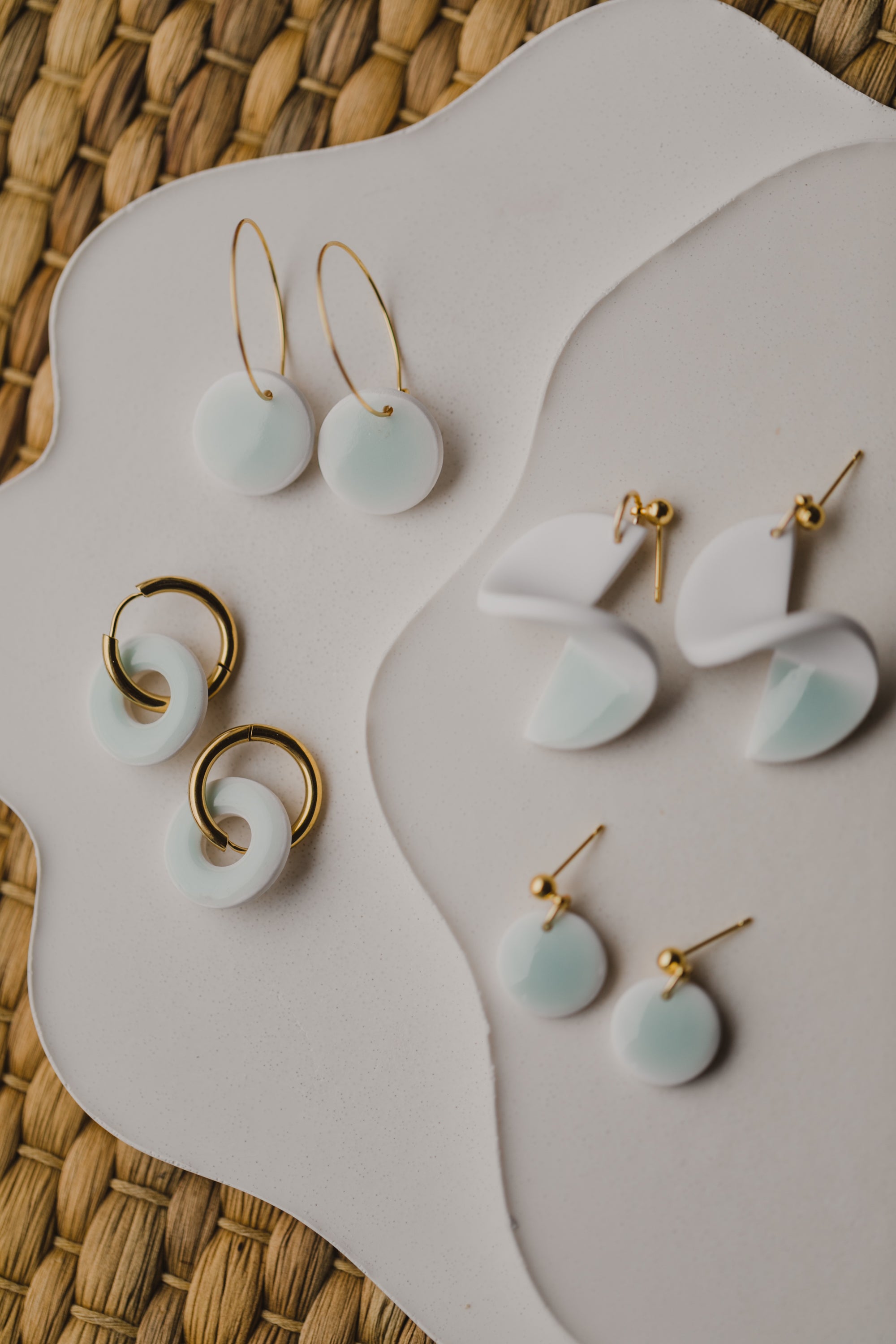 three-colored polymer clay earrings in ceramic look