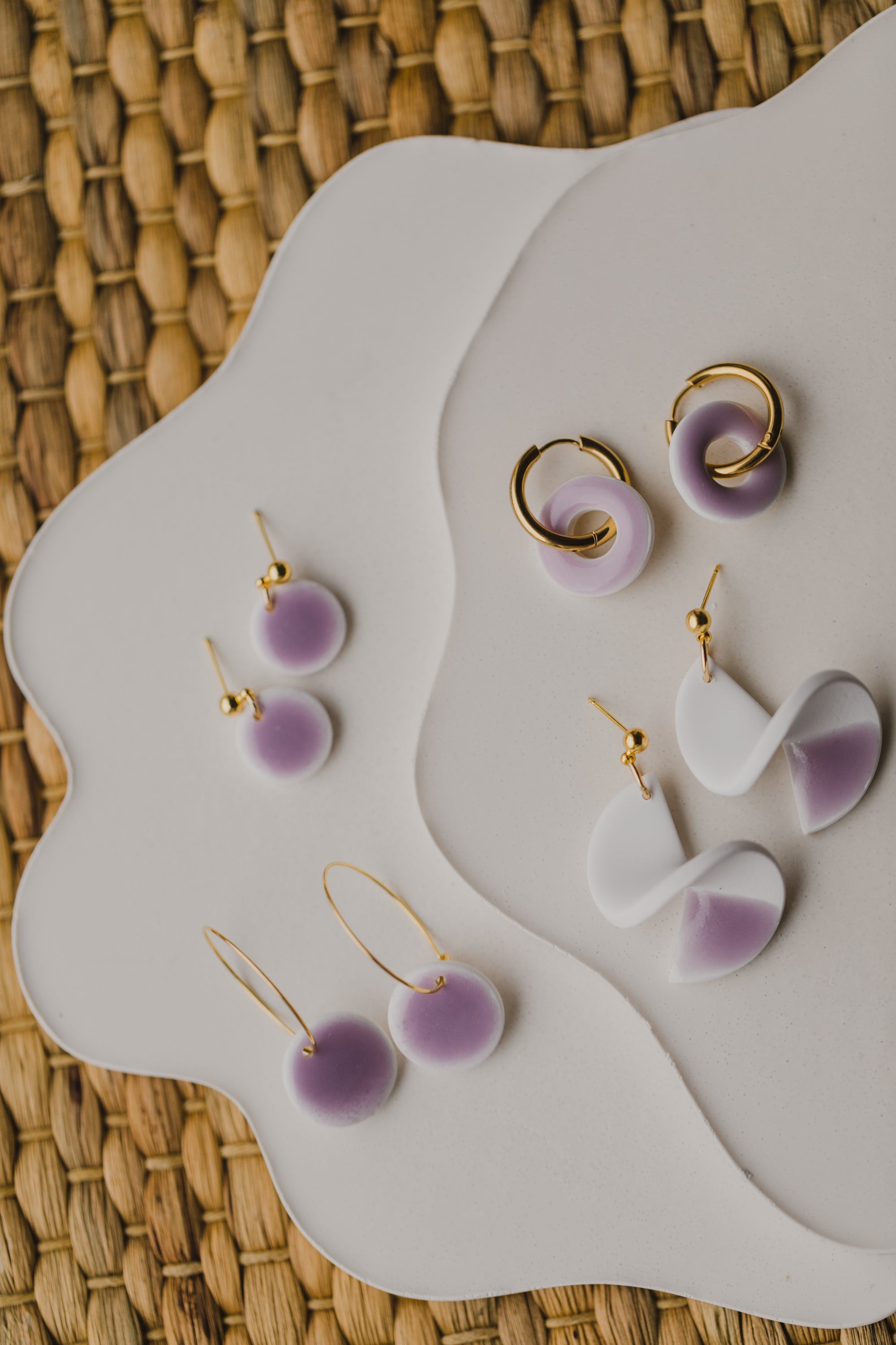 three-colored polymer clay earrings in ceramic look