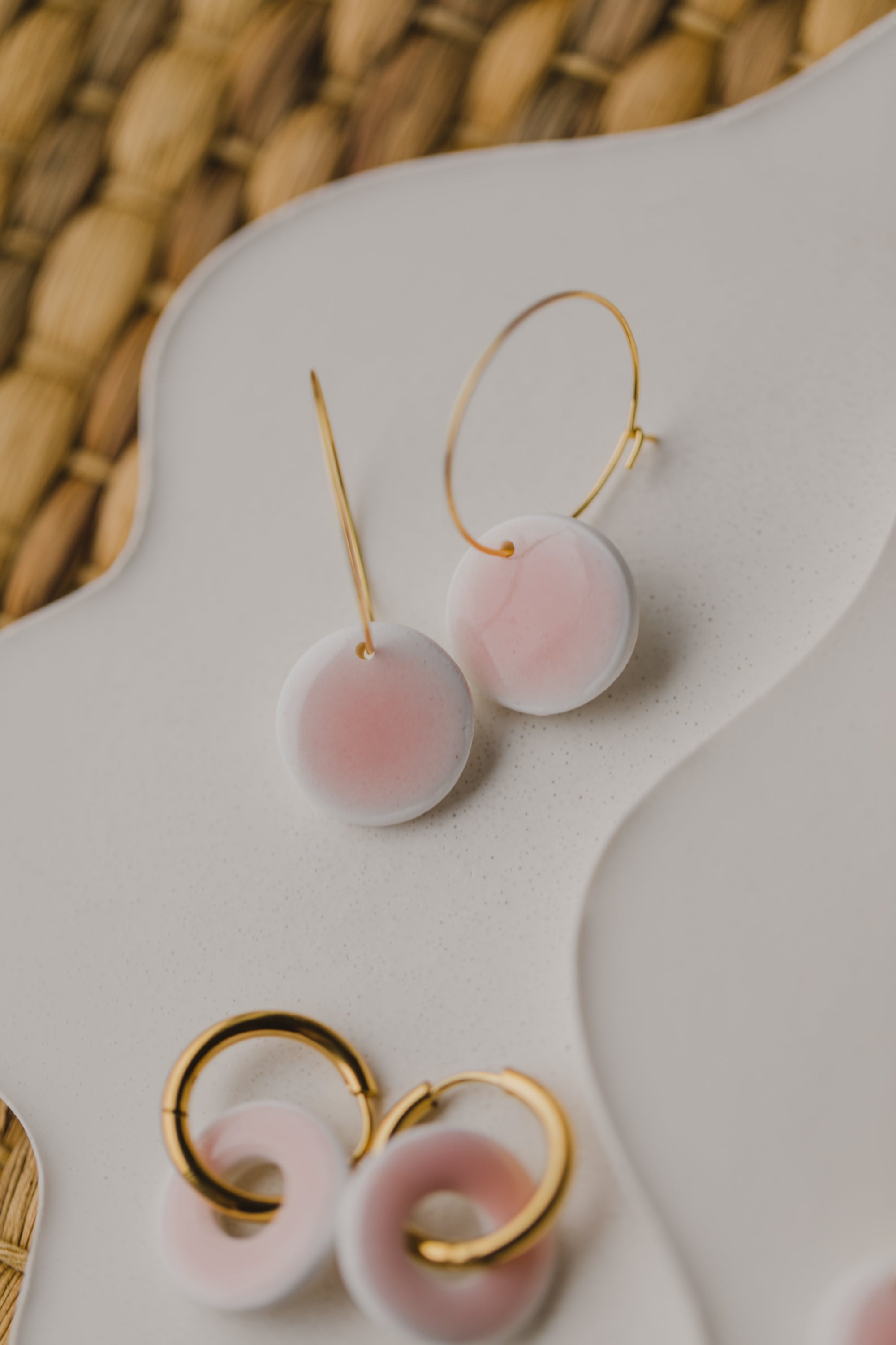 three-colored polymer clay earrings in ceramic look