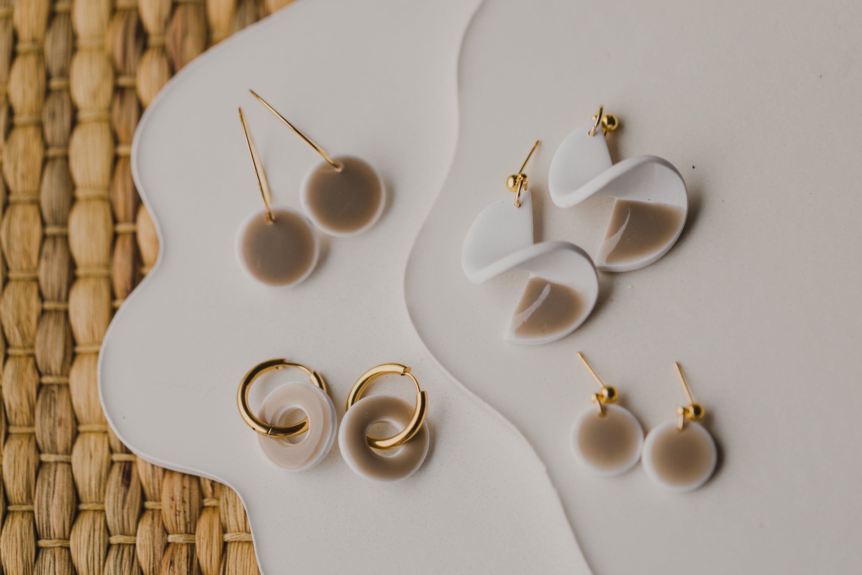 three-colored polymer clay earrings in ceramic look