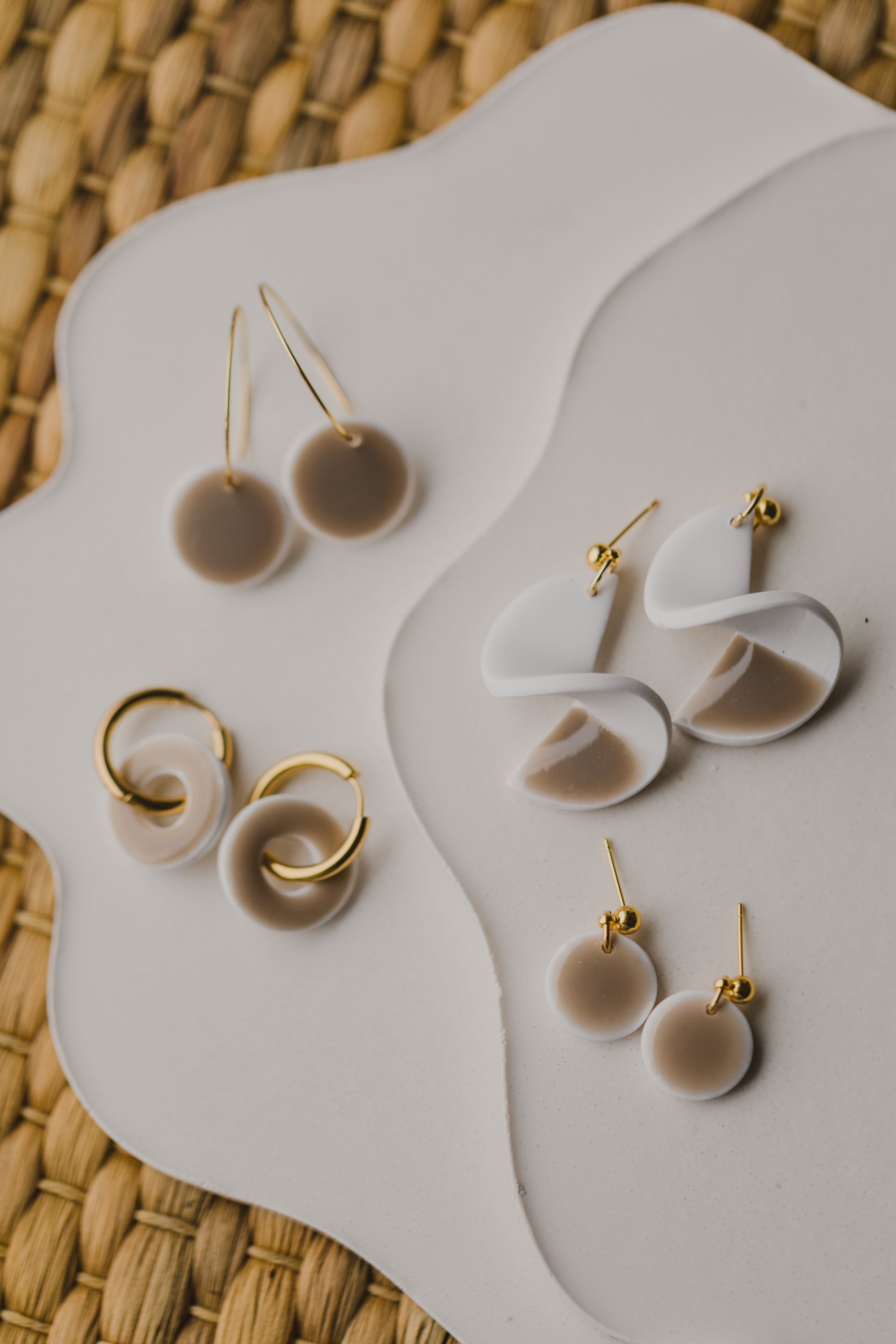 three-colored polymer clay earrings in ceramic look