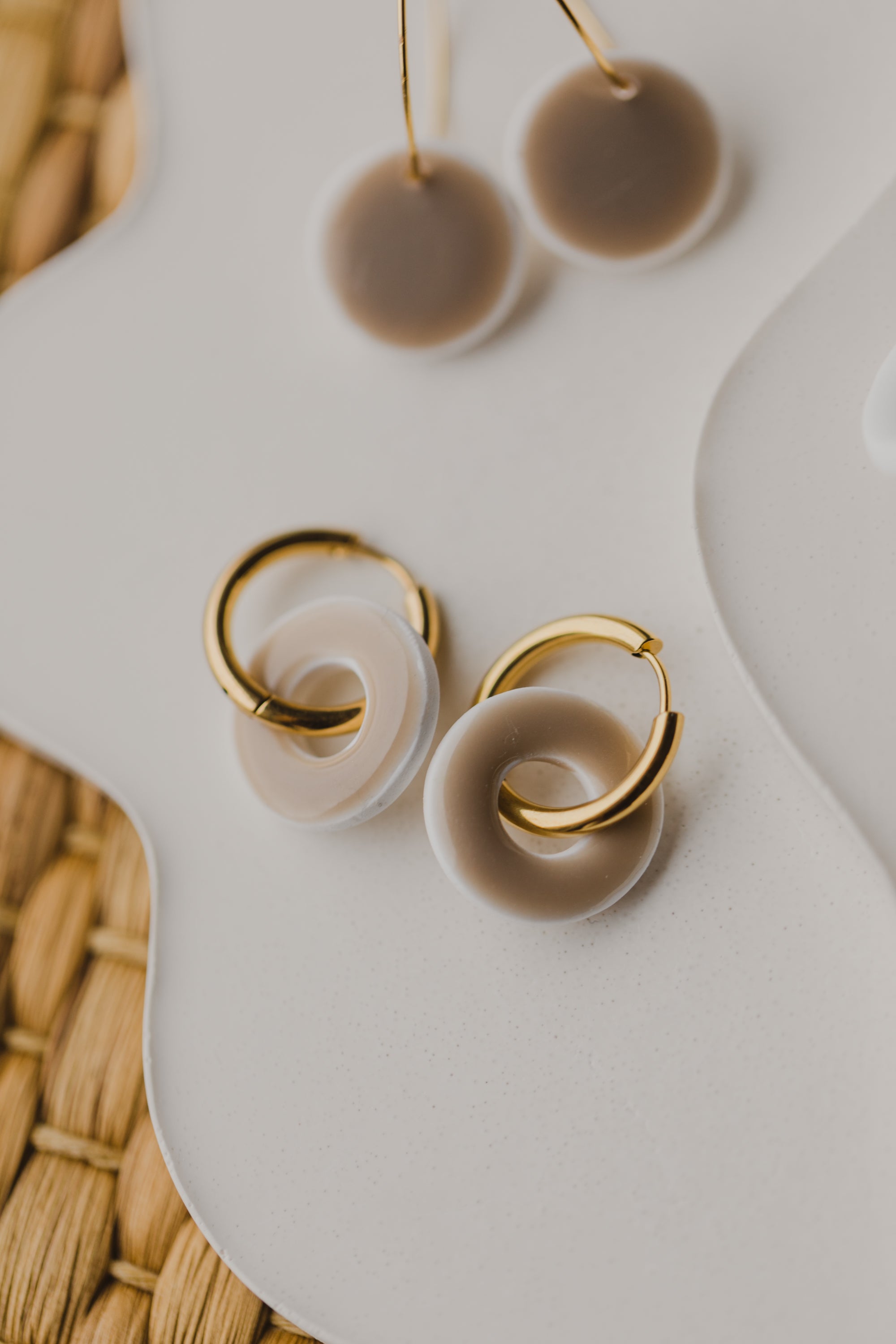 three-colored polymer clay earrings in ceramic look