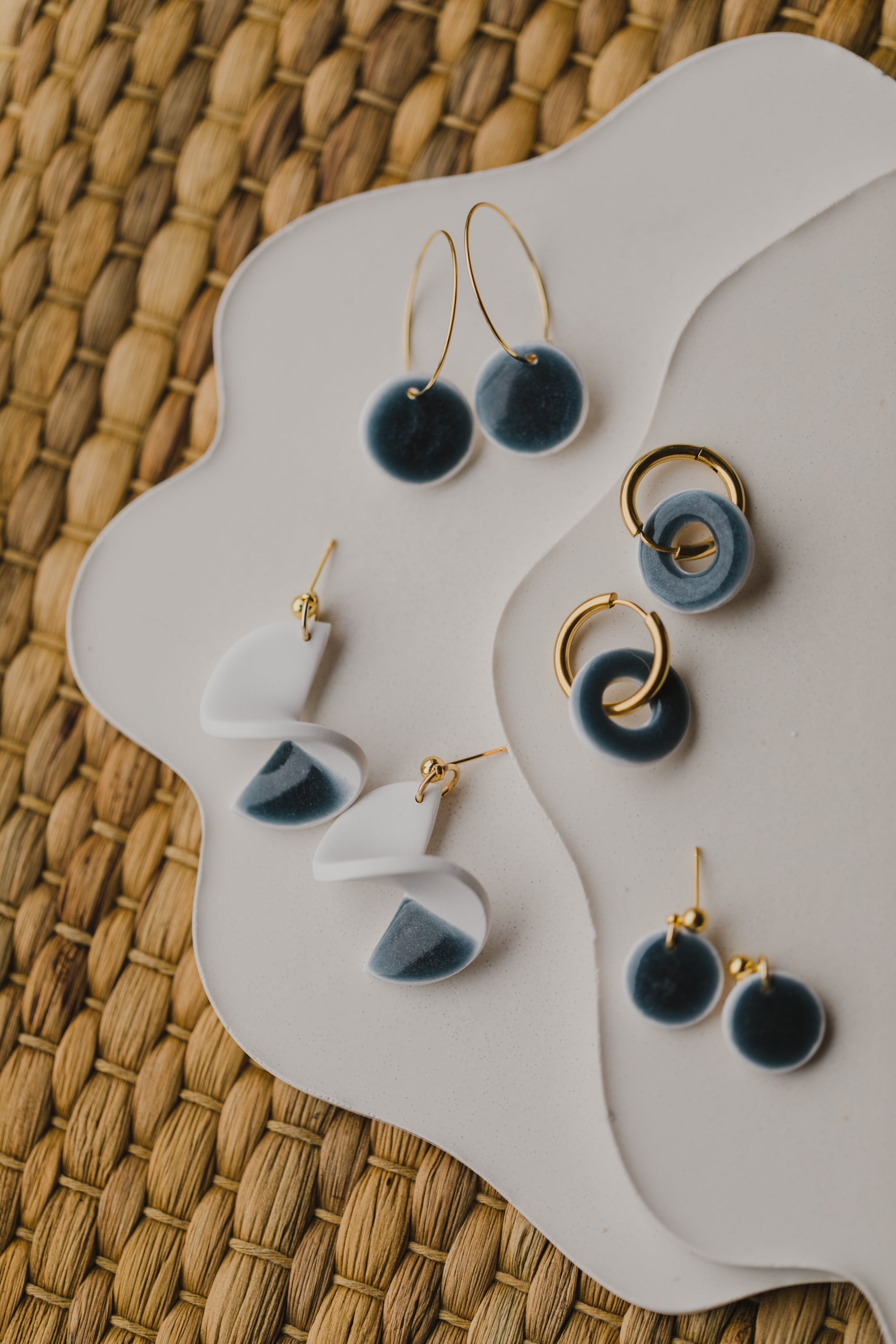 three-colored polymer clay earrings in ceramic look