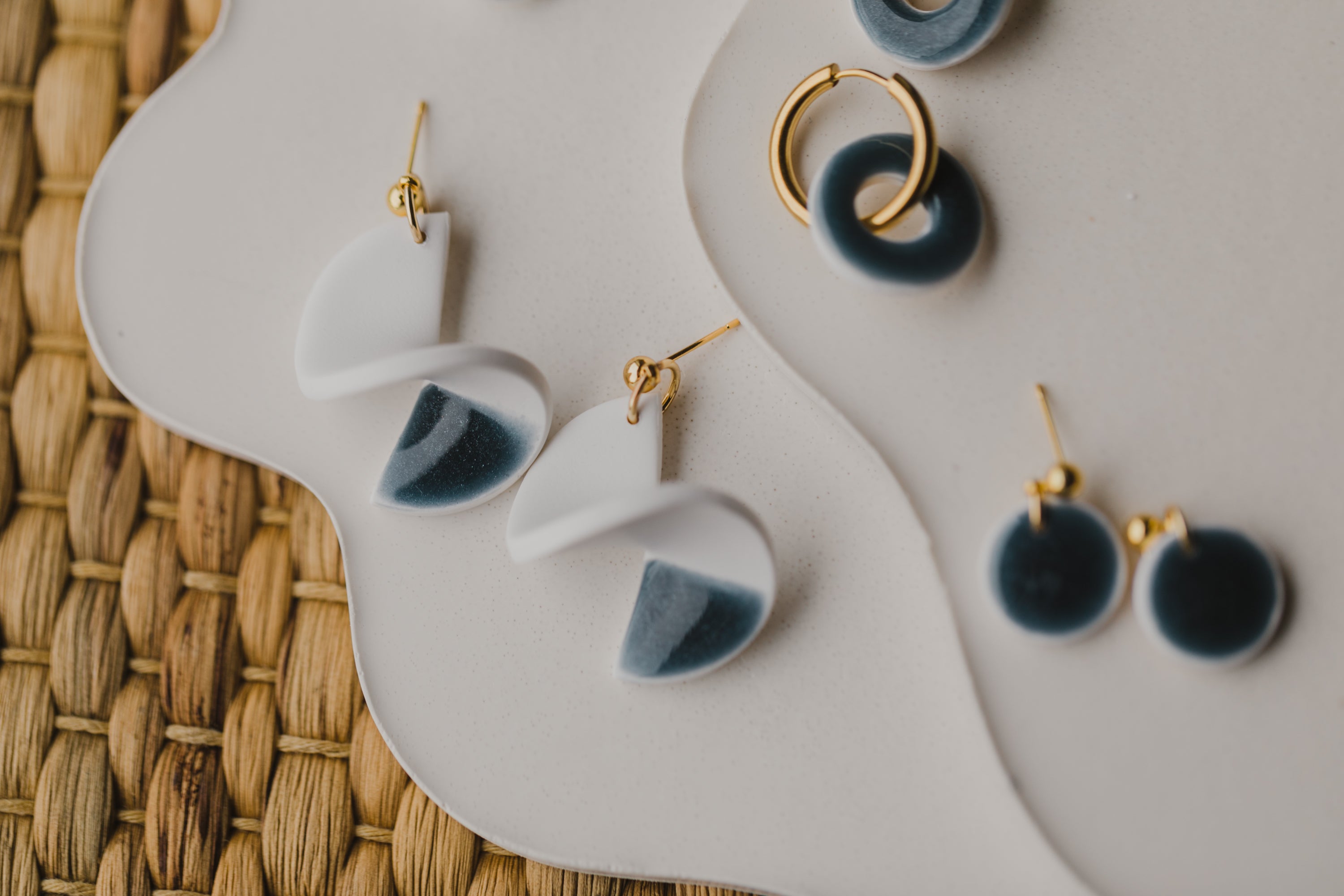 three-colored polymer clay earrings in ceramic look