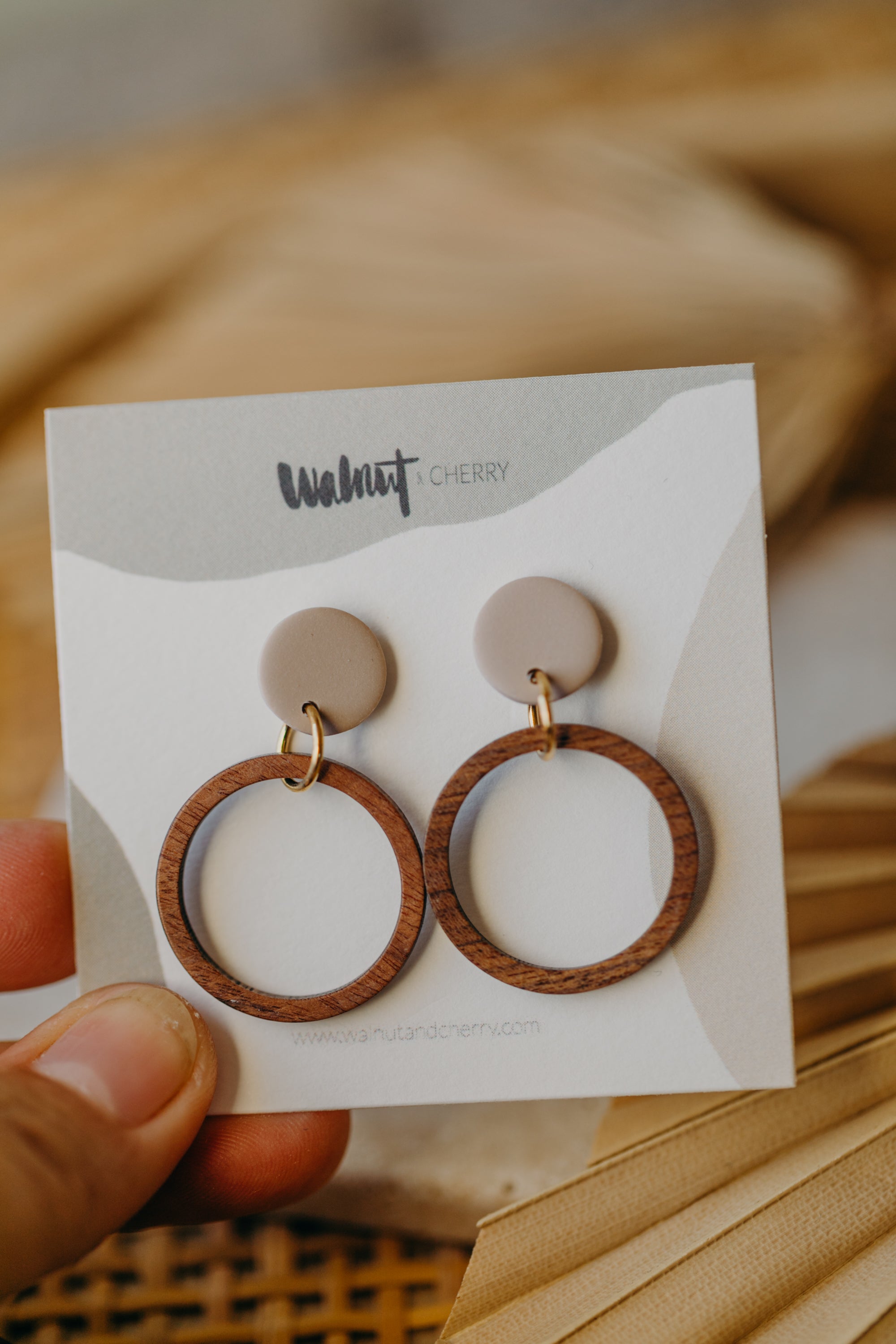 MALIA - round polymer clay earrings in beige with wooden pendant circle