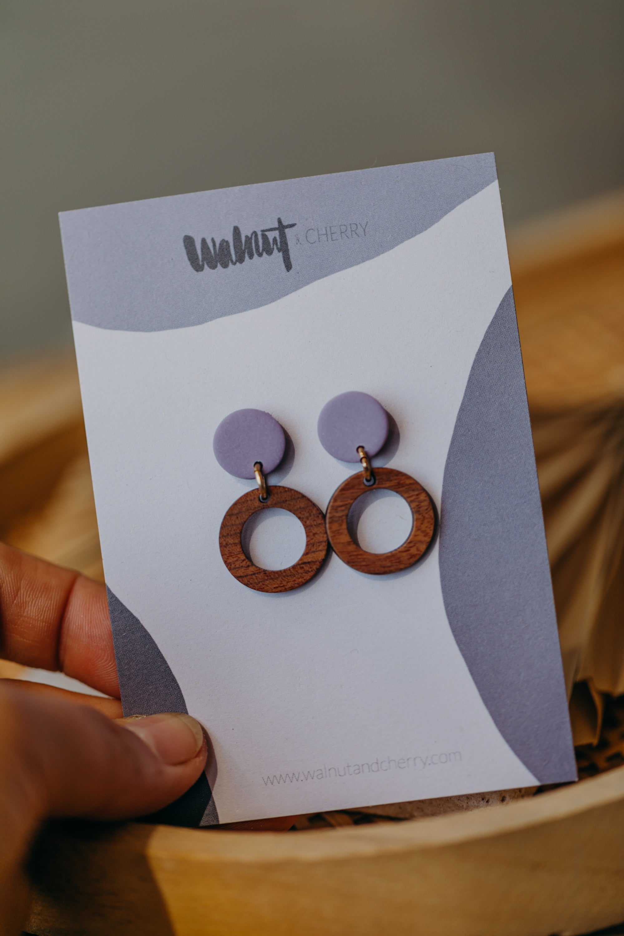 BECCA - round polymer clay earrings in light purple with wooden pendant small circle