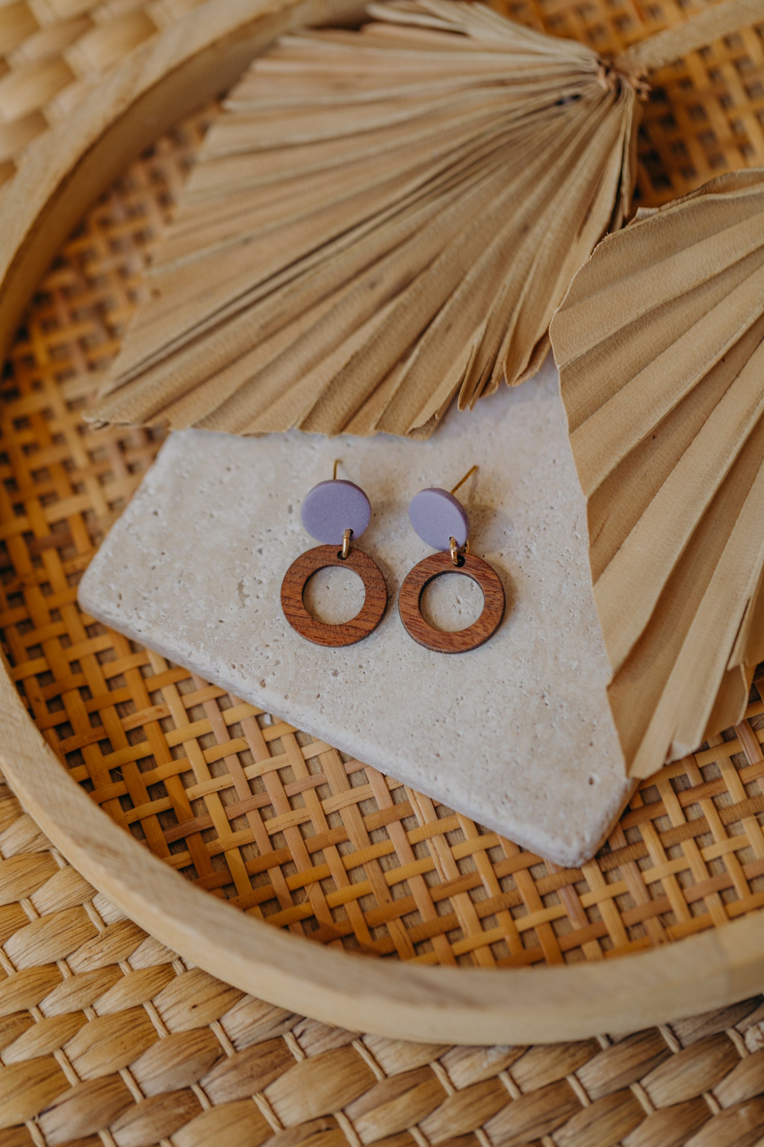 BECCA - round polymer clay earrings in light purple with wooden pendant small circle