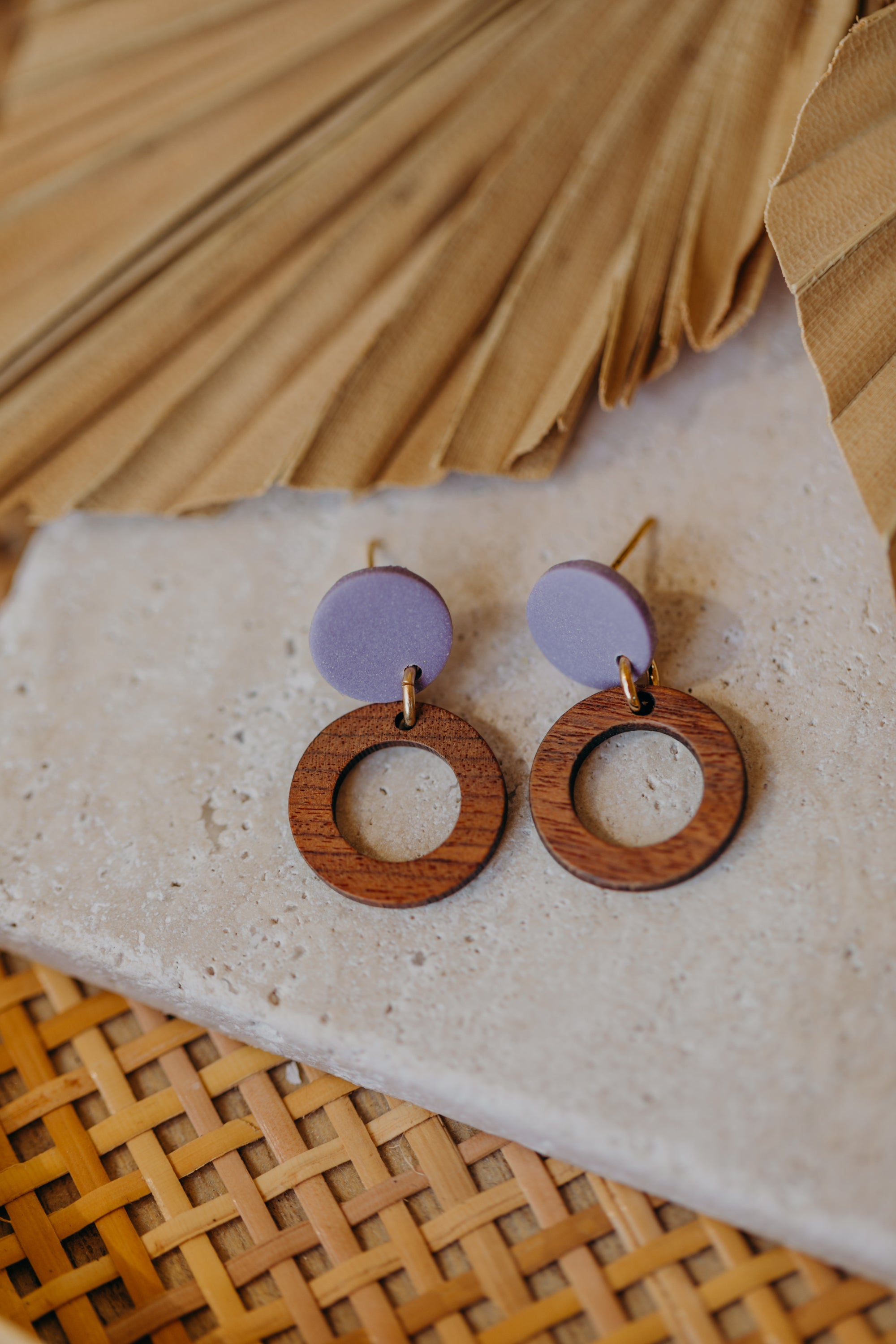 BECCA - round polymer clay earrings in light purple with wooden pendant small circle