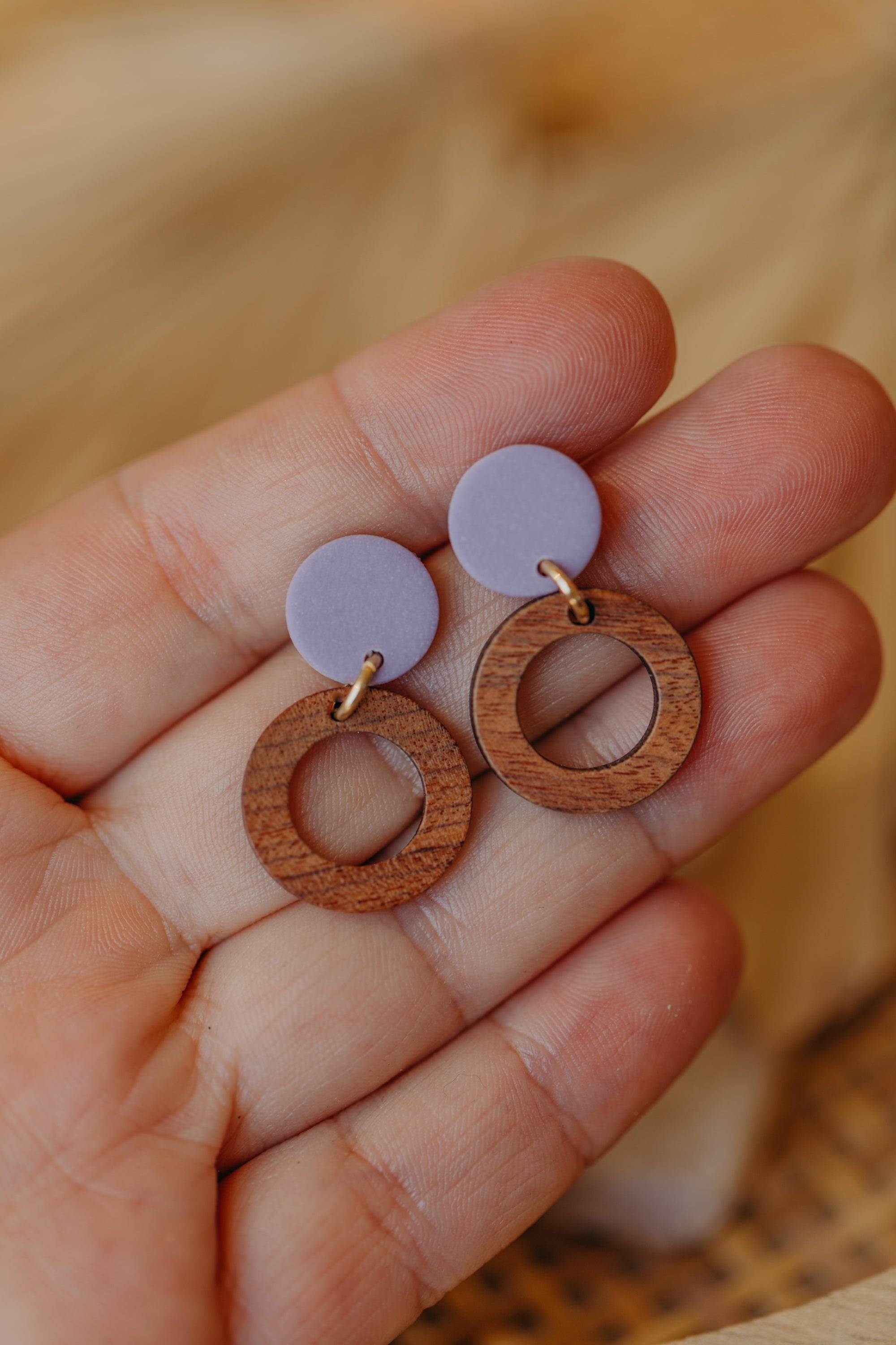 BECCA - round polymer clay earrings in light purple with wooden pendant small circle