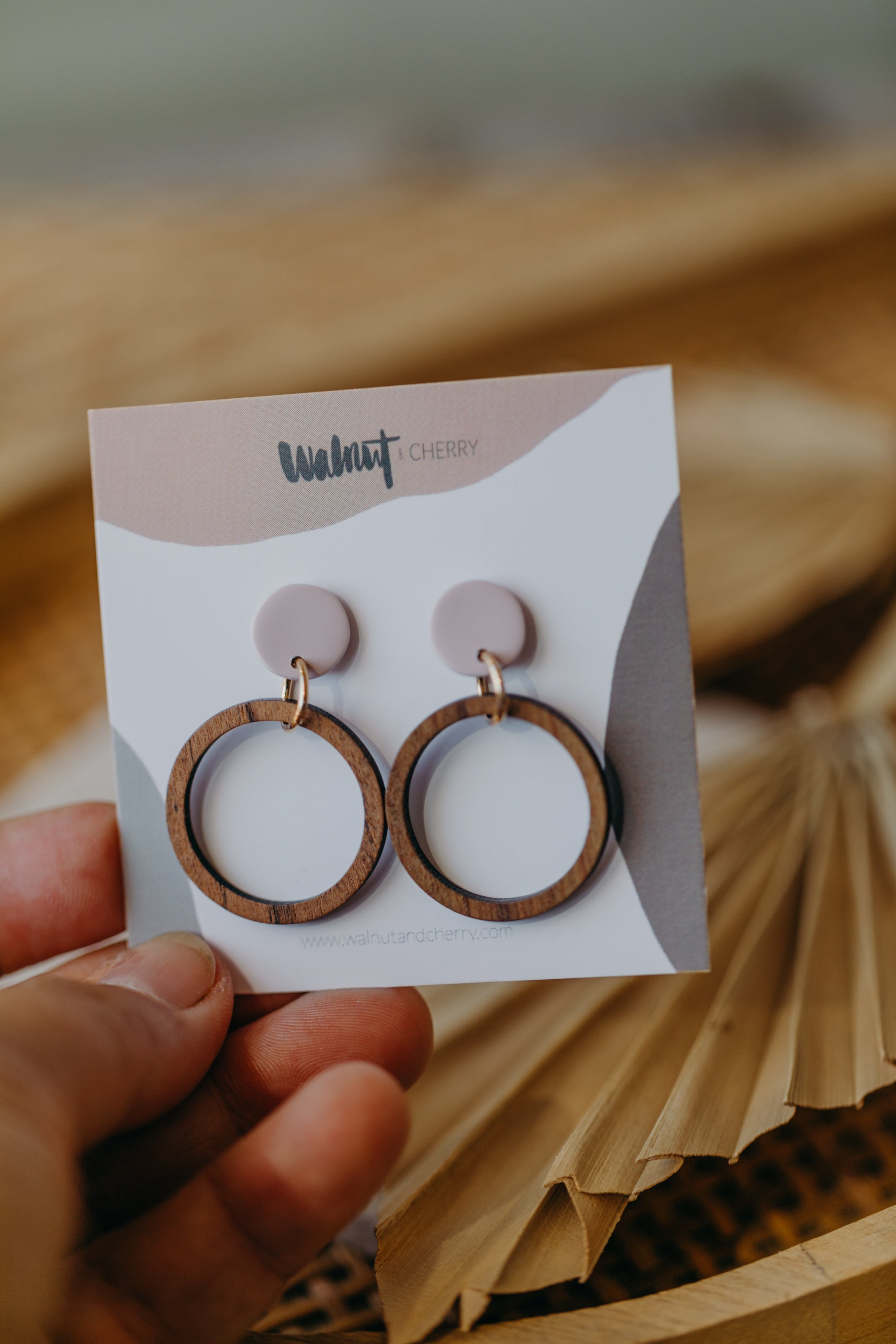 MALIA - round polymer clay earrings in light pink with wooden pendant circle