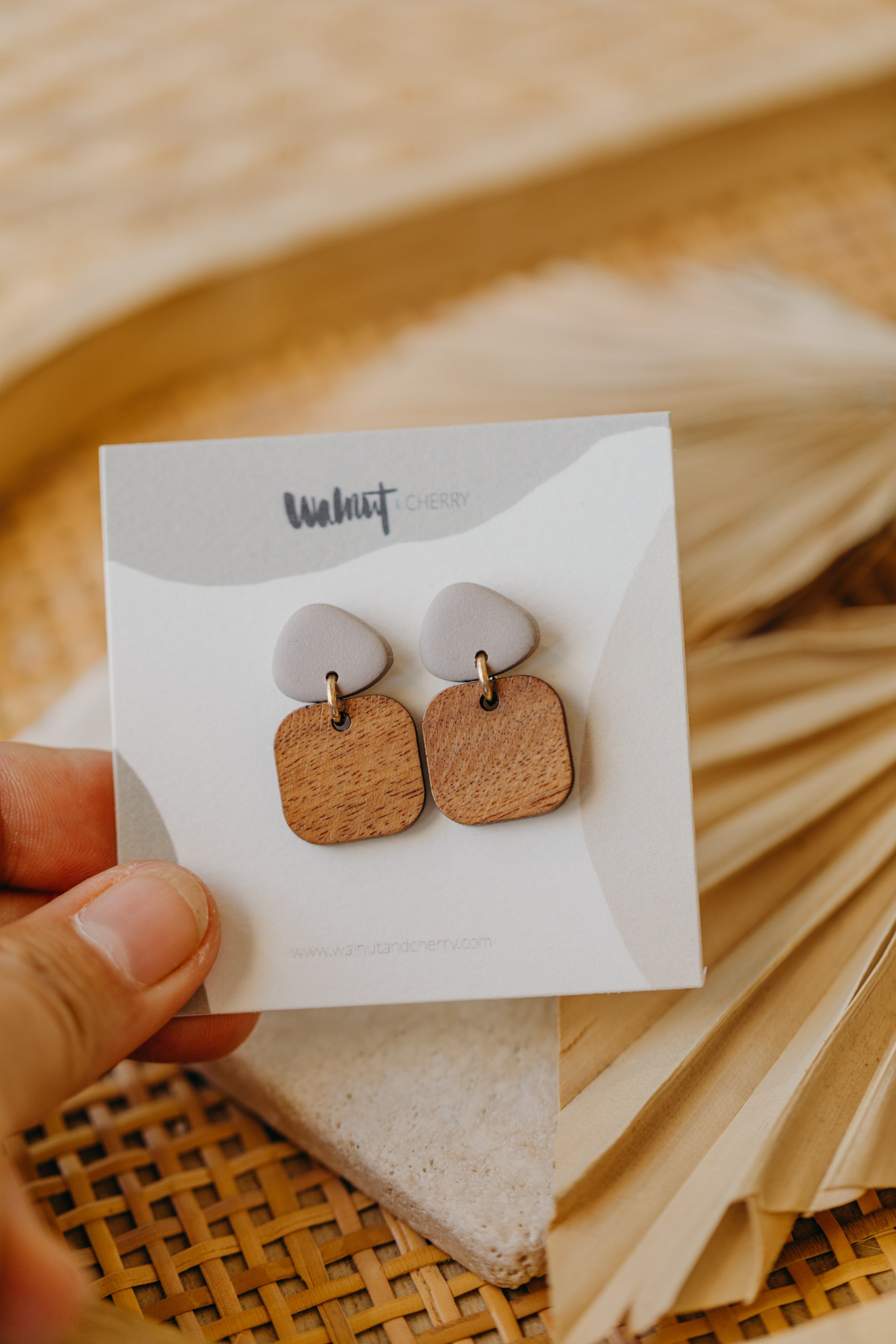 CARLA - triangular polymer clay earrings in pebble with rectangular wooden pendant