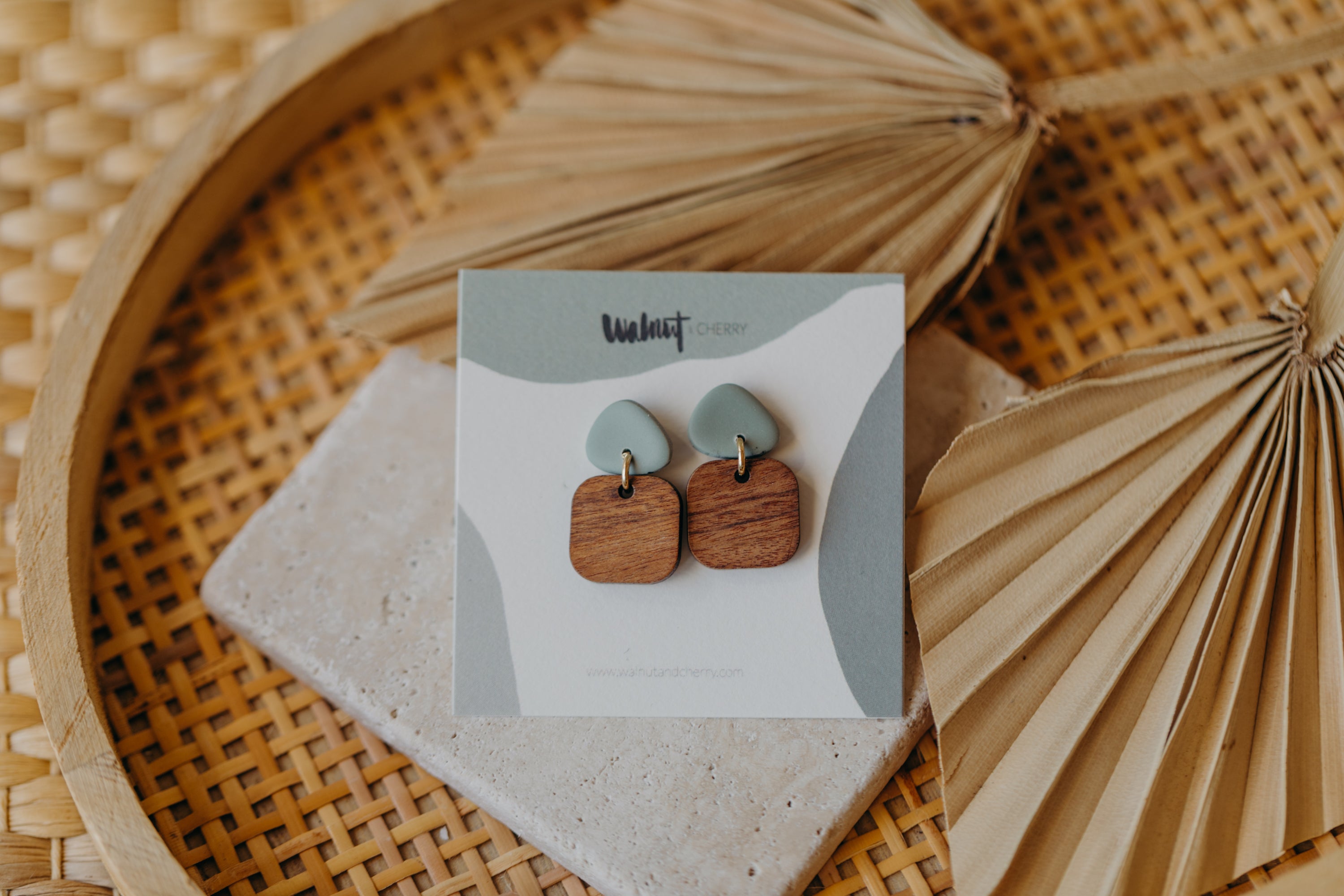 CARLA - triangular polymer clay earrings in mint with rectangular wooden pendant