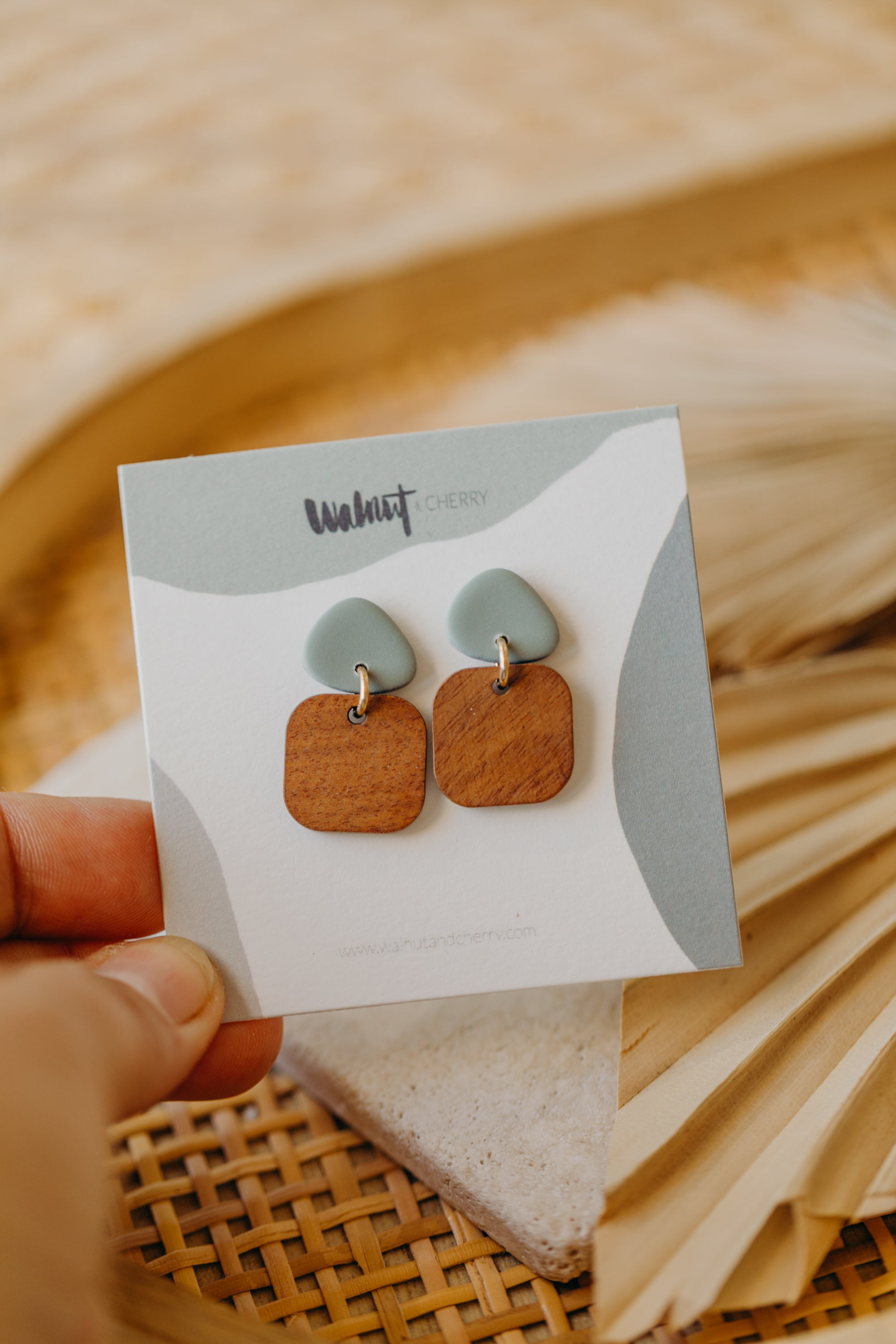 CARLA - triangular polymer clay earrings in mint with rectangular wooden pendant