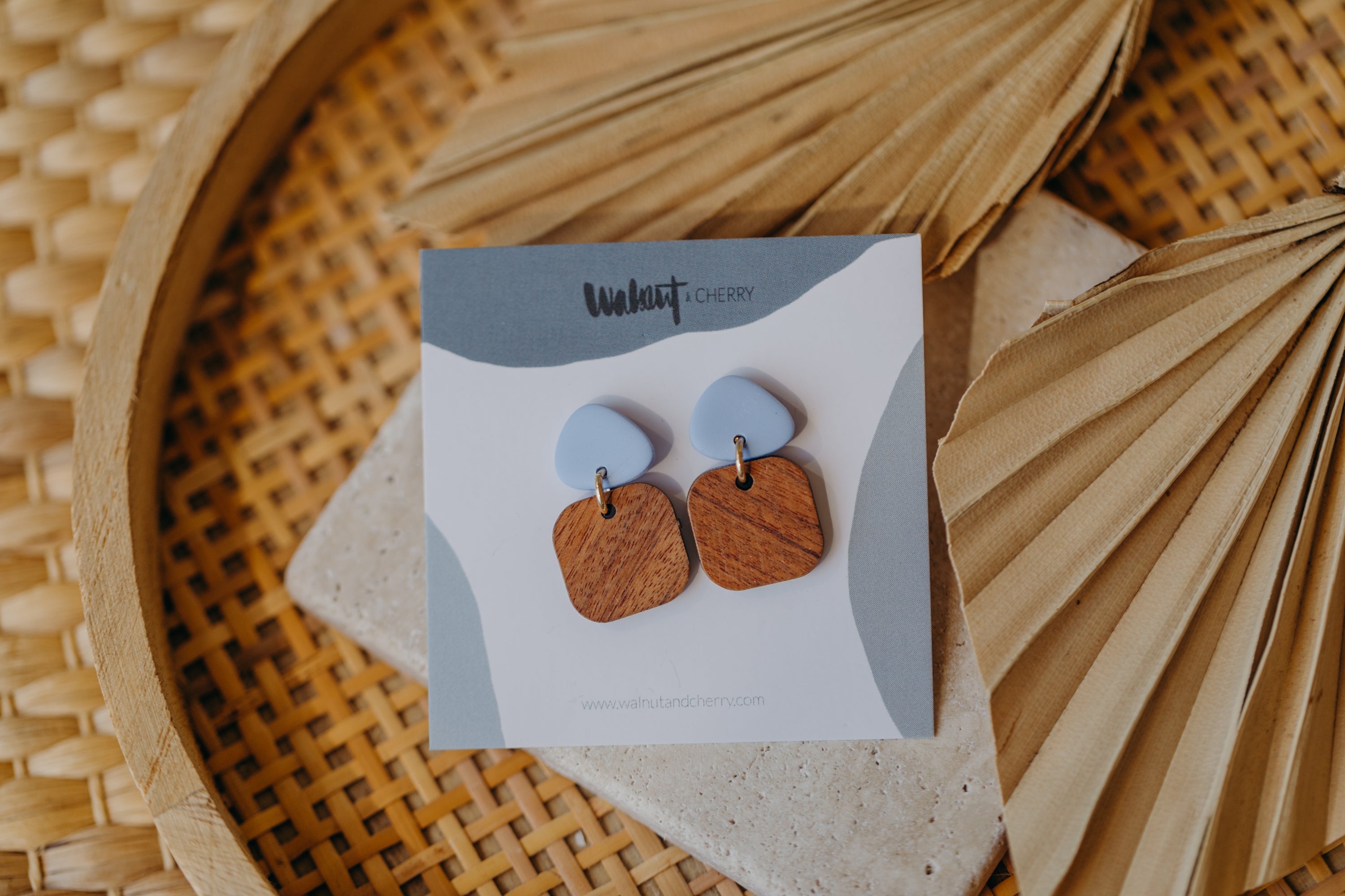 CARLA - triangular polymer clay earrings in pastel blue with rectangular wooden pendant