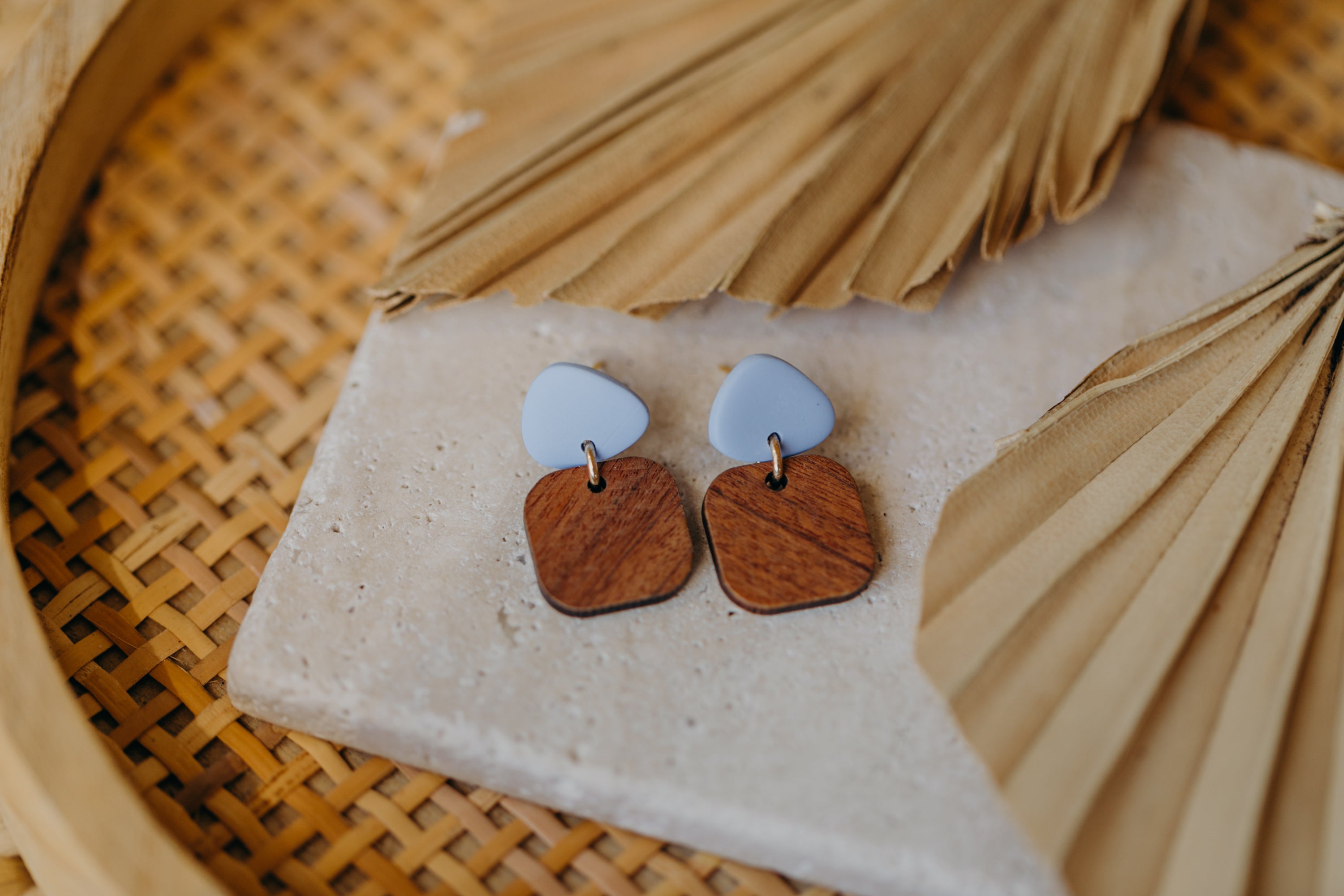 CARLA - triangular polymer clay earrings in pastel blue with rectangular wooden pendant