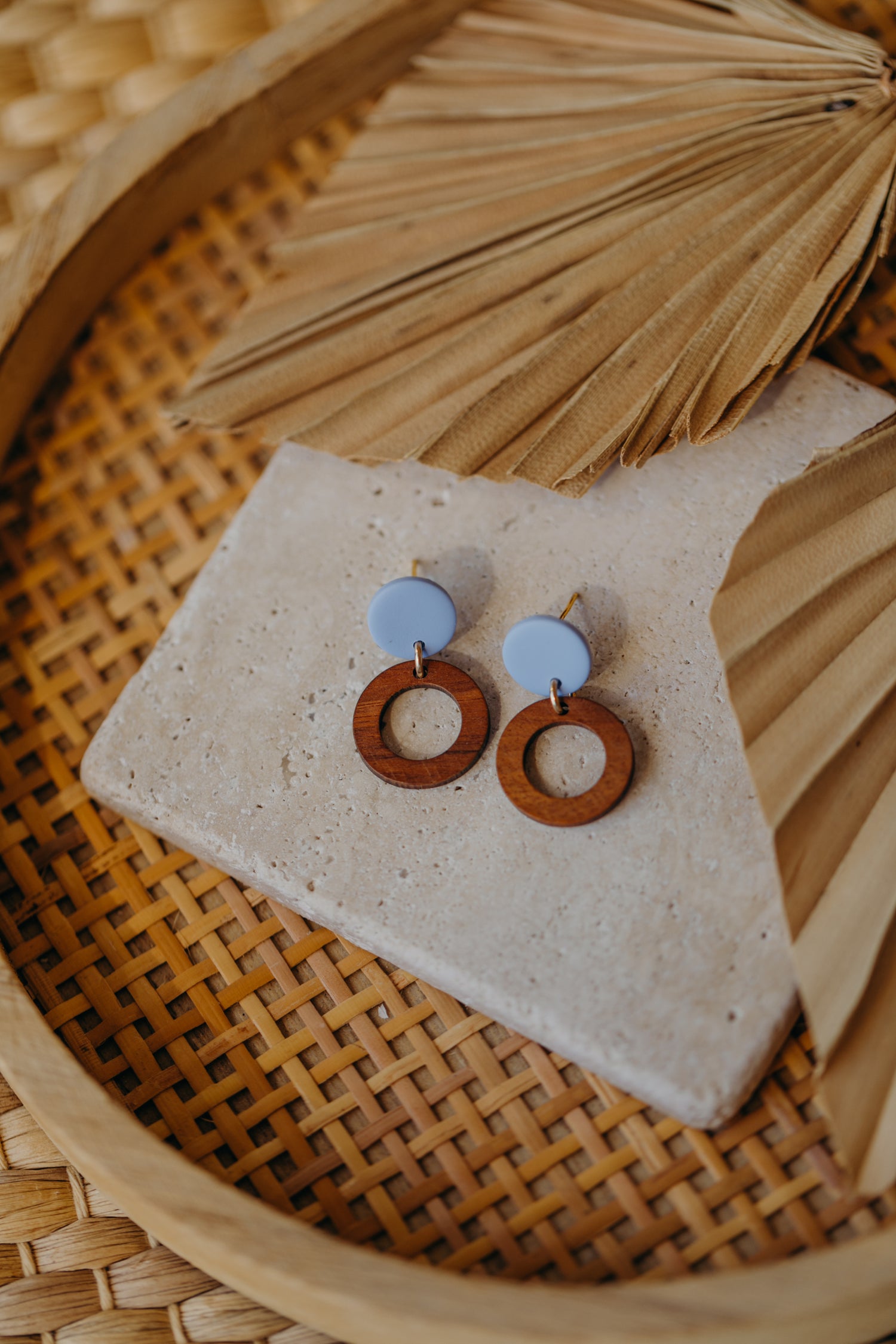 BECCA - round polymer clay earrings in pastel blue with wooden pendant small circle