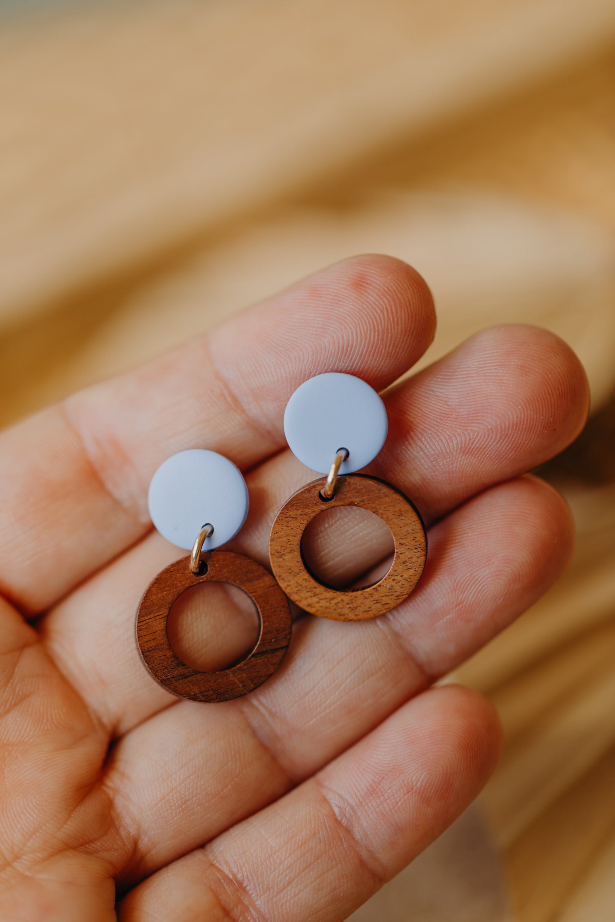 BECCA - round polymer clay earrings in pastel blue with wooden pendant small circle