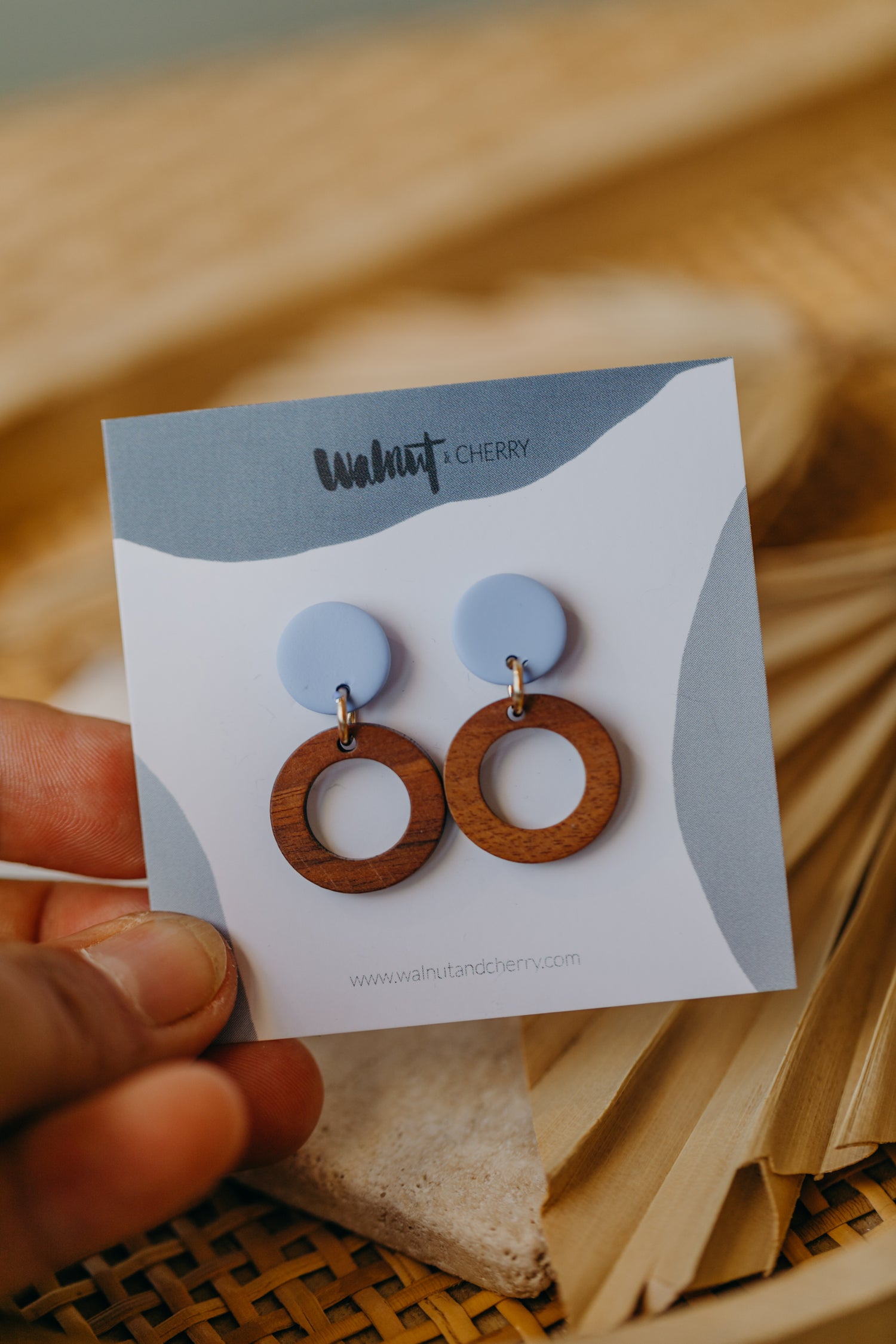 BECCA - round polymer clay earrings in pastel blue with wooden pendant small circle