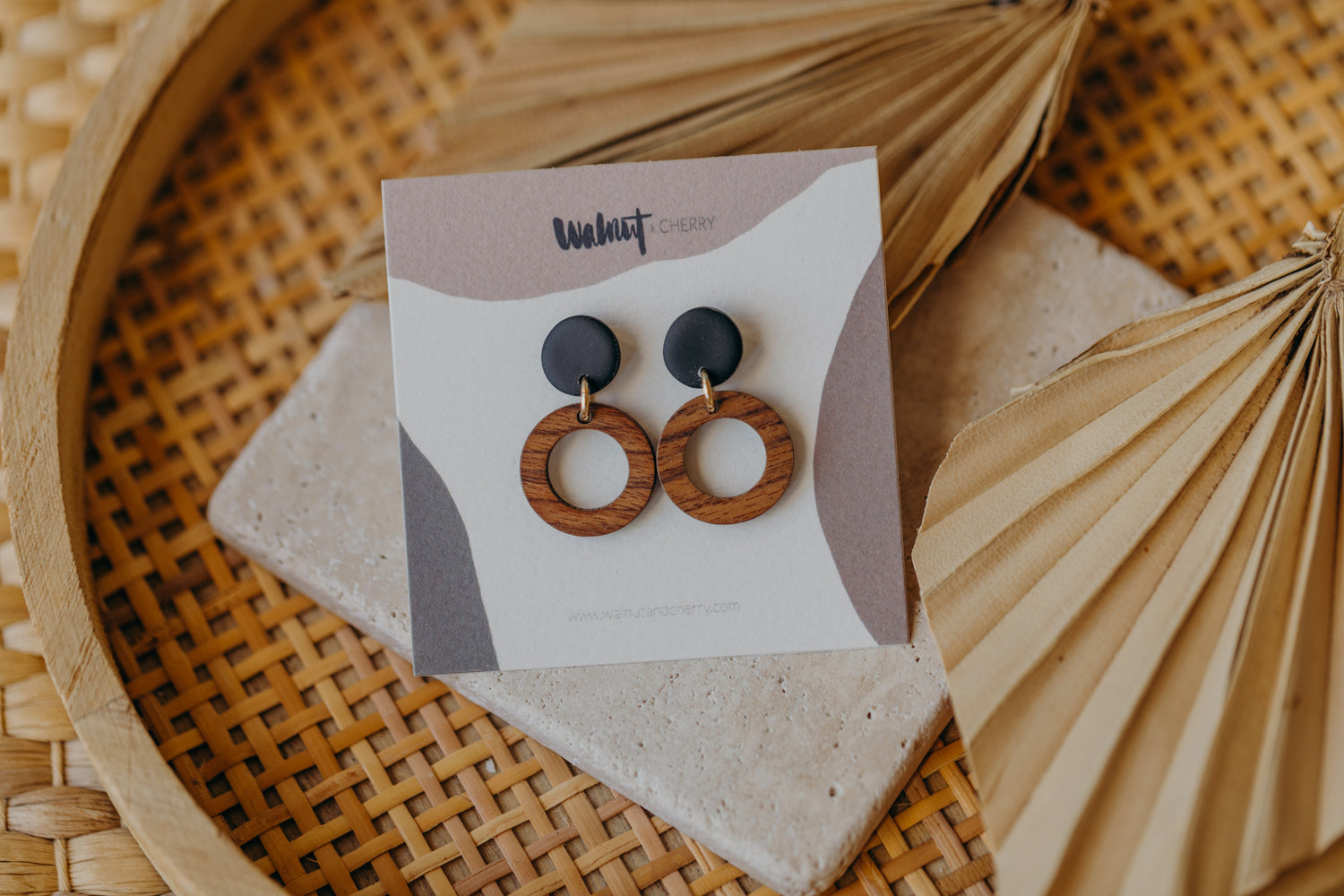 BECCA - round polymer clay earrings in black with wooden pendant small circle