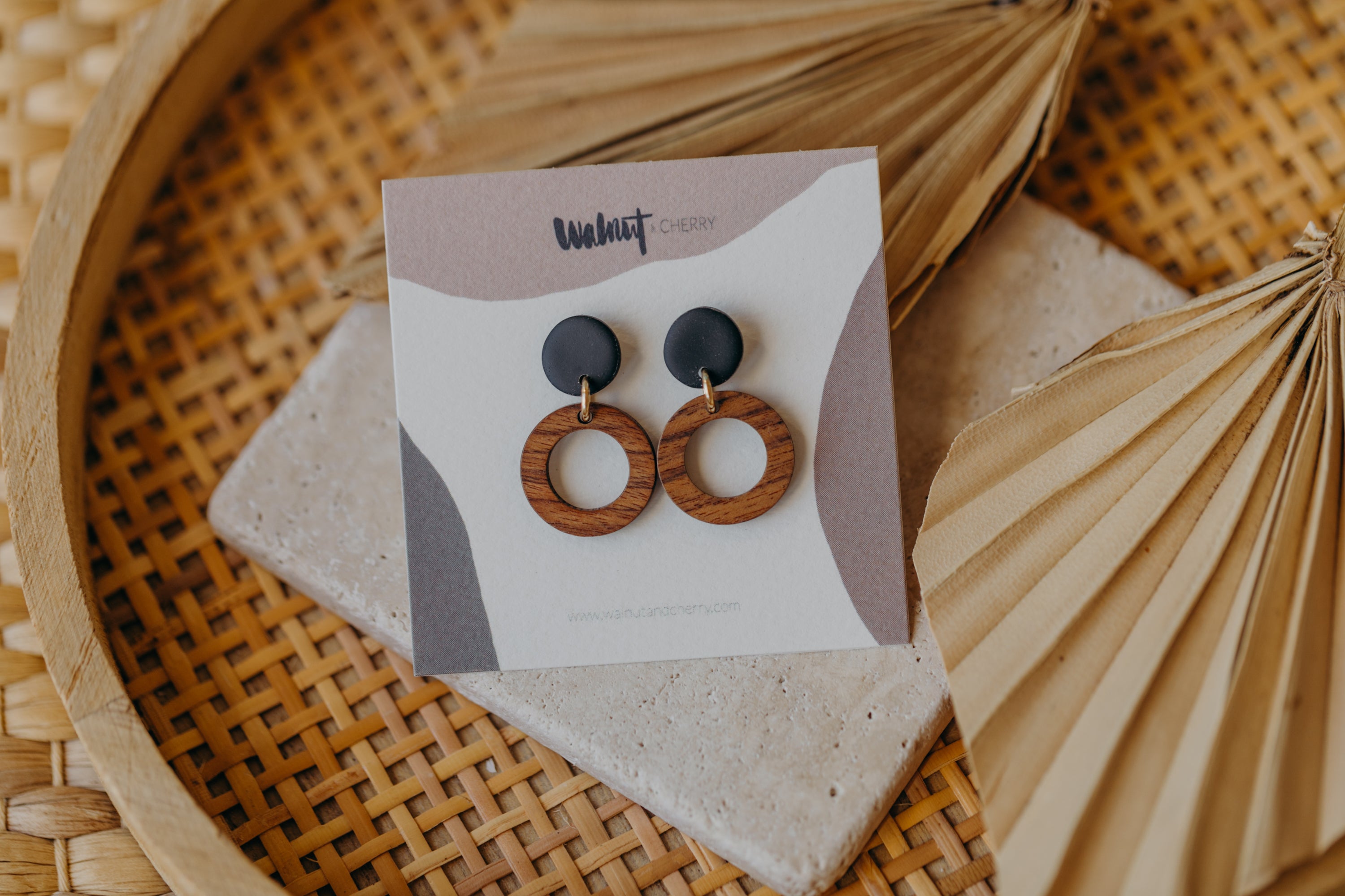 BECCA - round polymer clay earrings in black with wooden pendant small circle