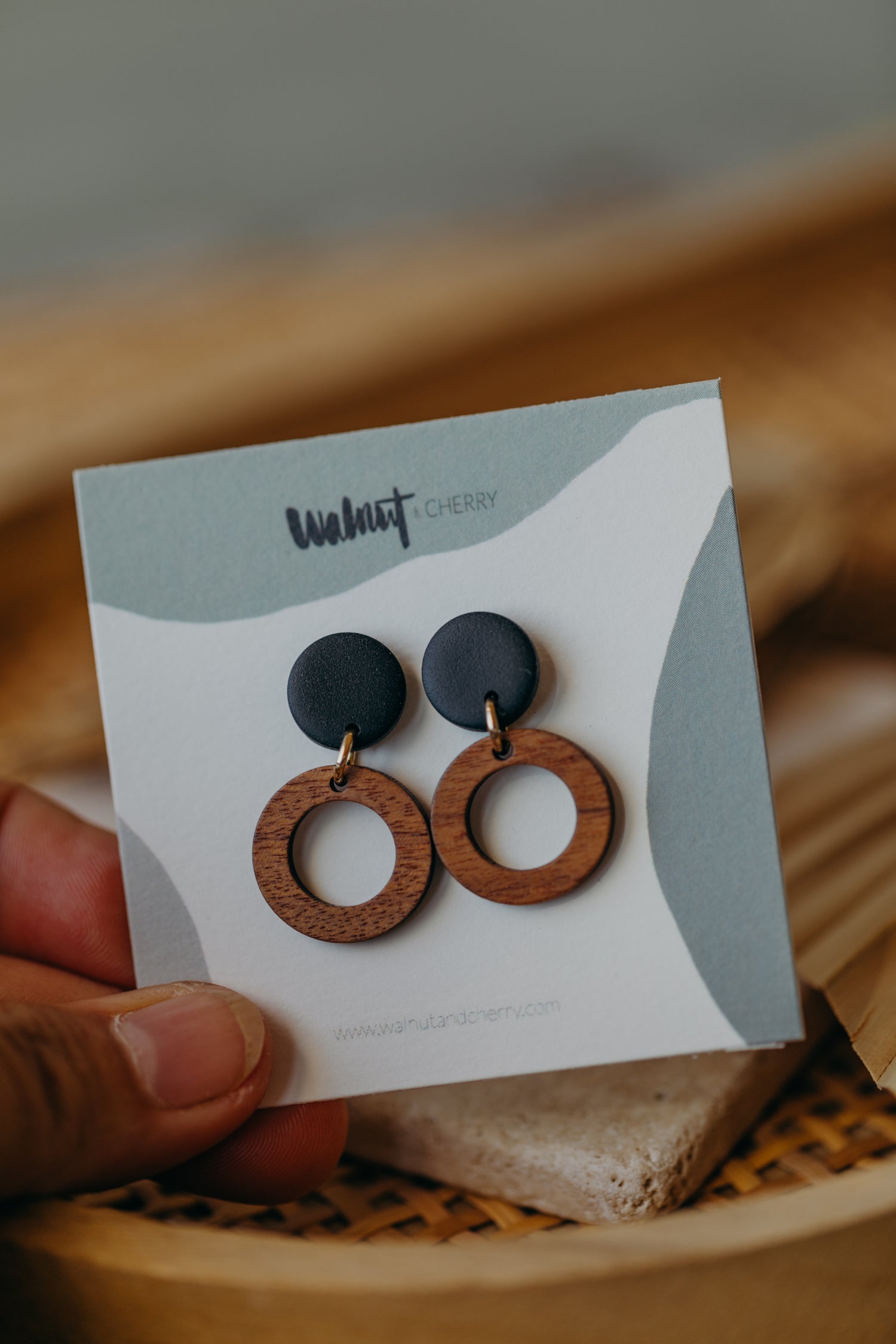 BECCA - round polymer clay earrings in black with wooden pendant small circle