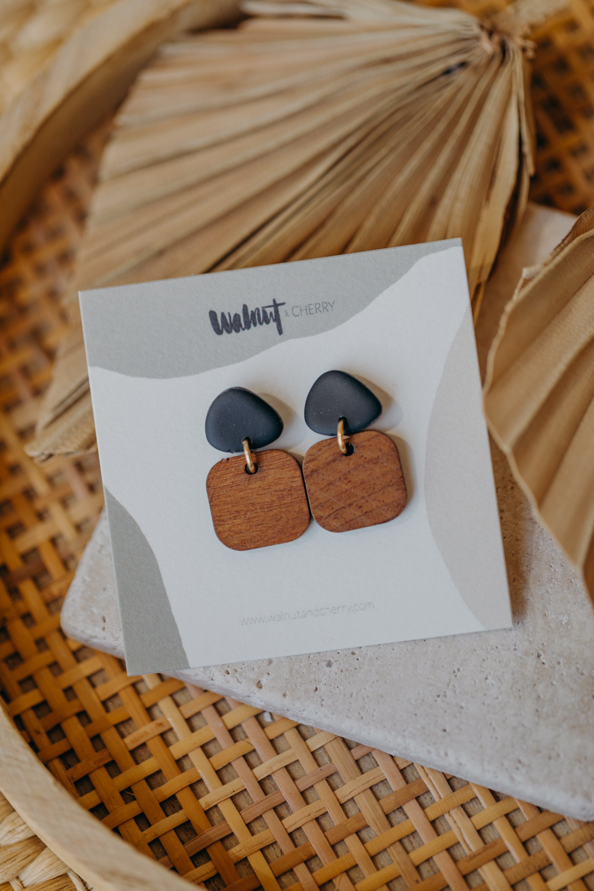 CARLA - triangular polymer clay earrings in black with rectangular wooden pendant