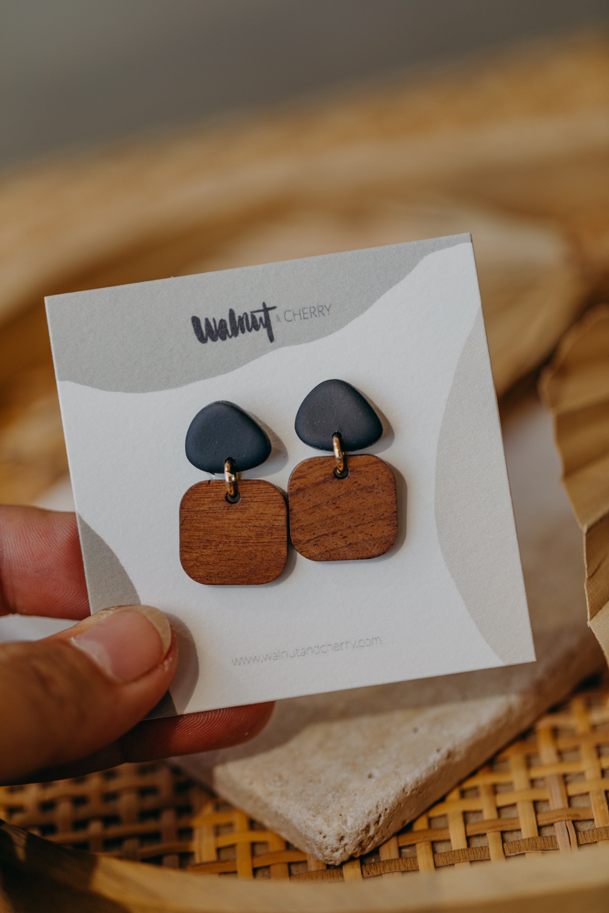 CARLA - triangular polymer clay earrings in black with rectangular wooden pendant