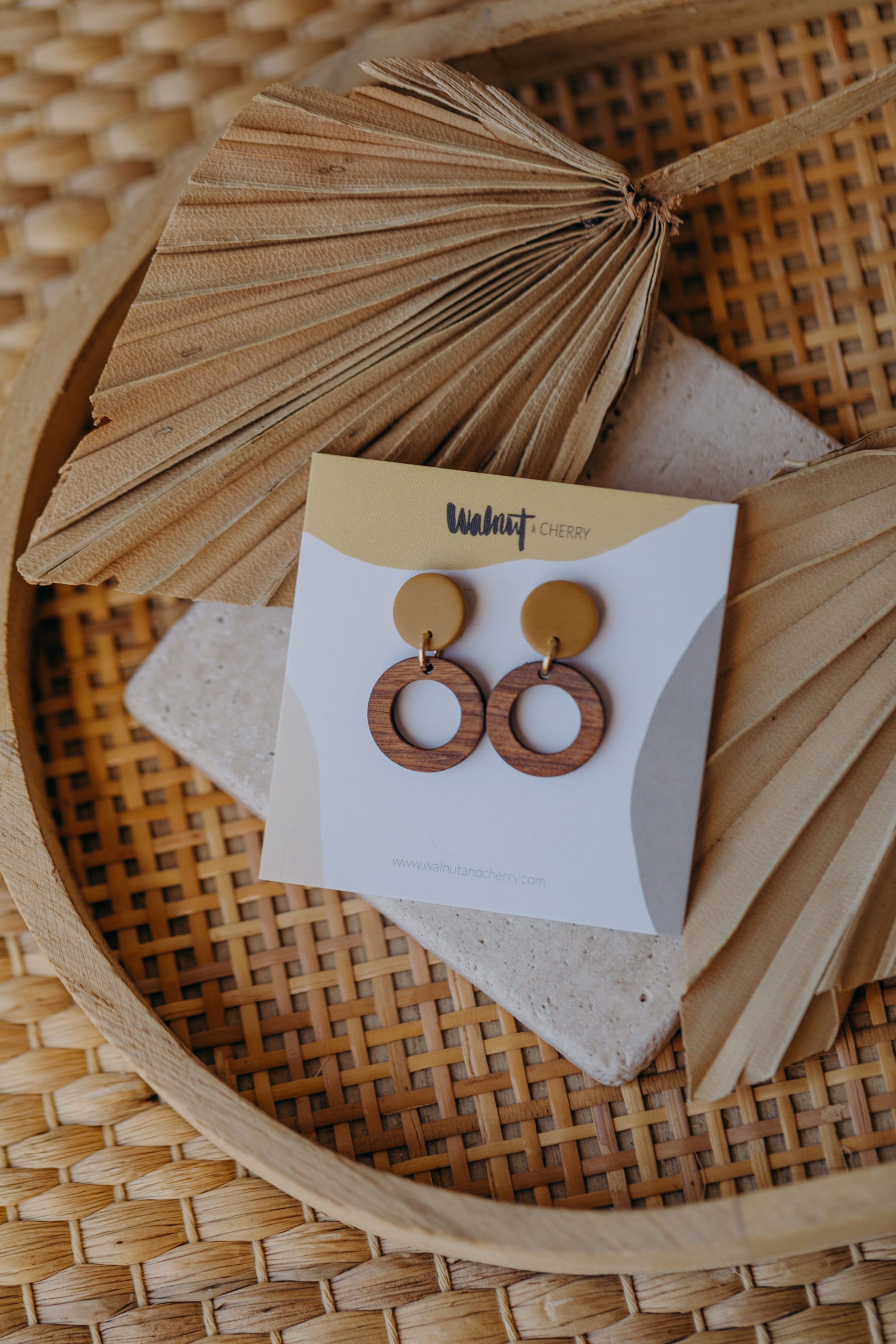 BECCA - round polymer clay earrings in soft mustard yellow with wooden pendant small circle