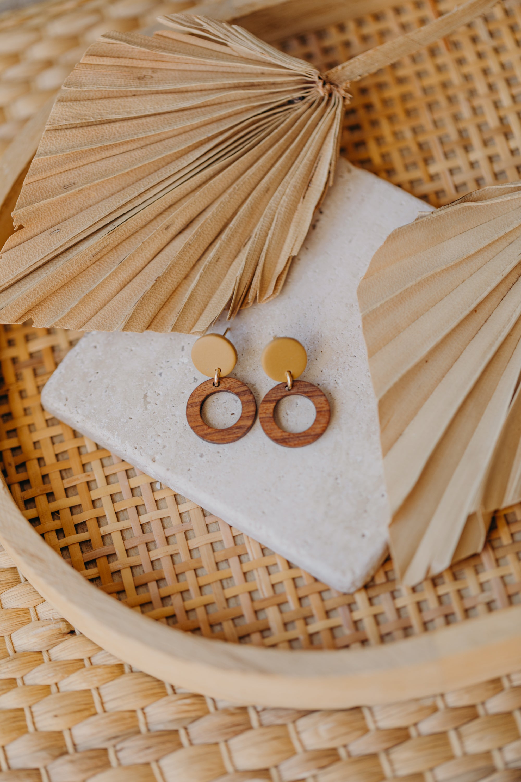 BECCA - round polymer clay earrings in soft mustard yellow with wooden pendant small circle