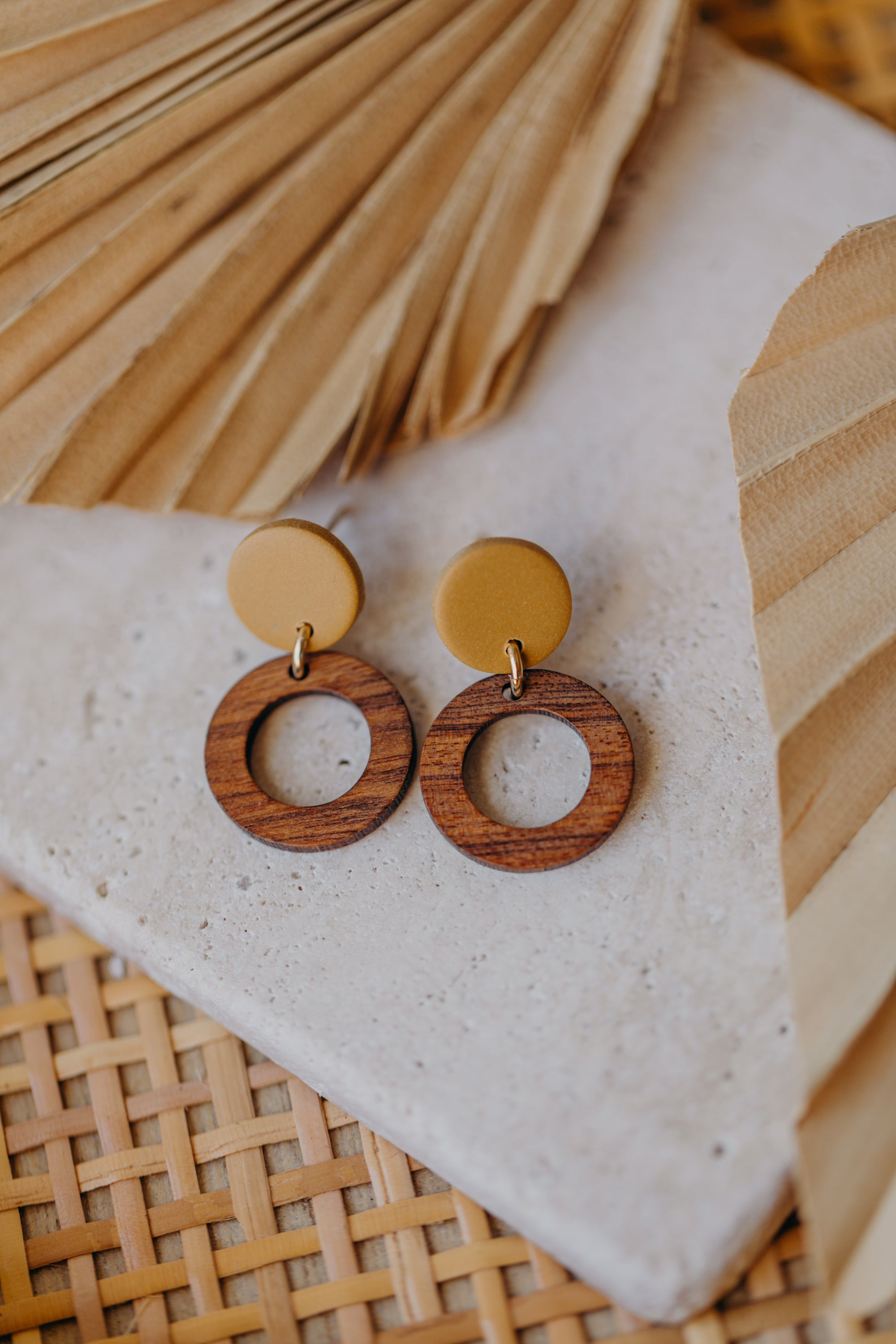 BECCA - round polymer clay earrings in soft mustard yellow with wooden pendant small circle