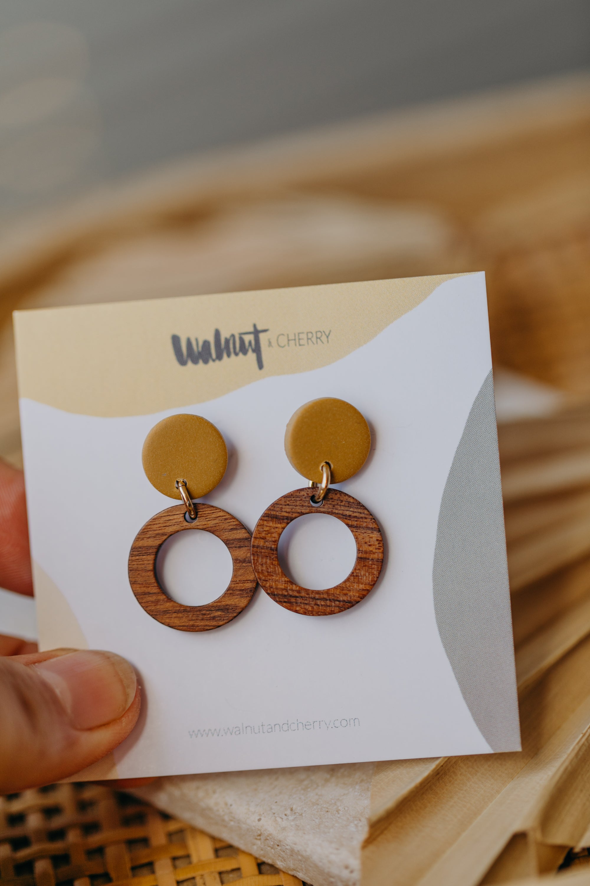 BECCA - round polymer clay earrings in soft mustard yellow with wooden pendant small circle