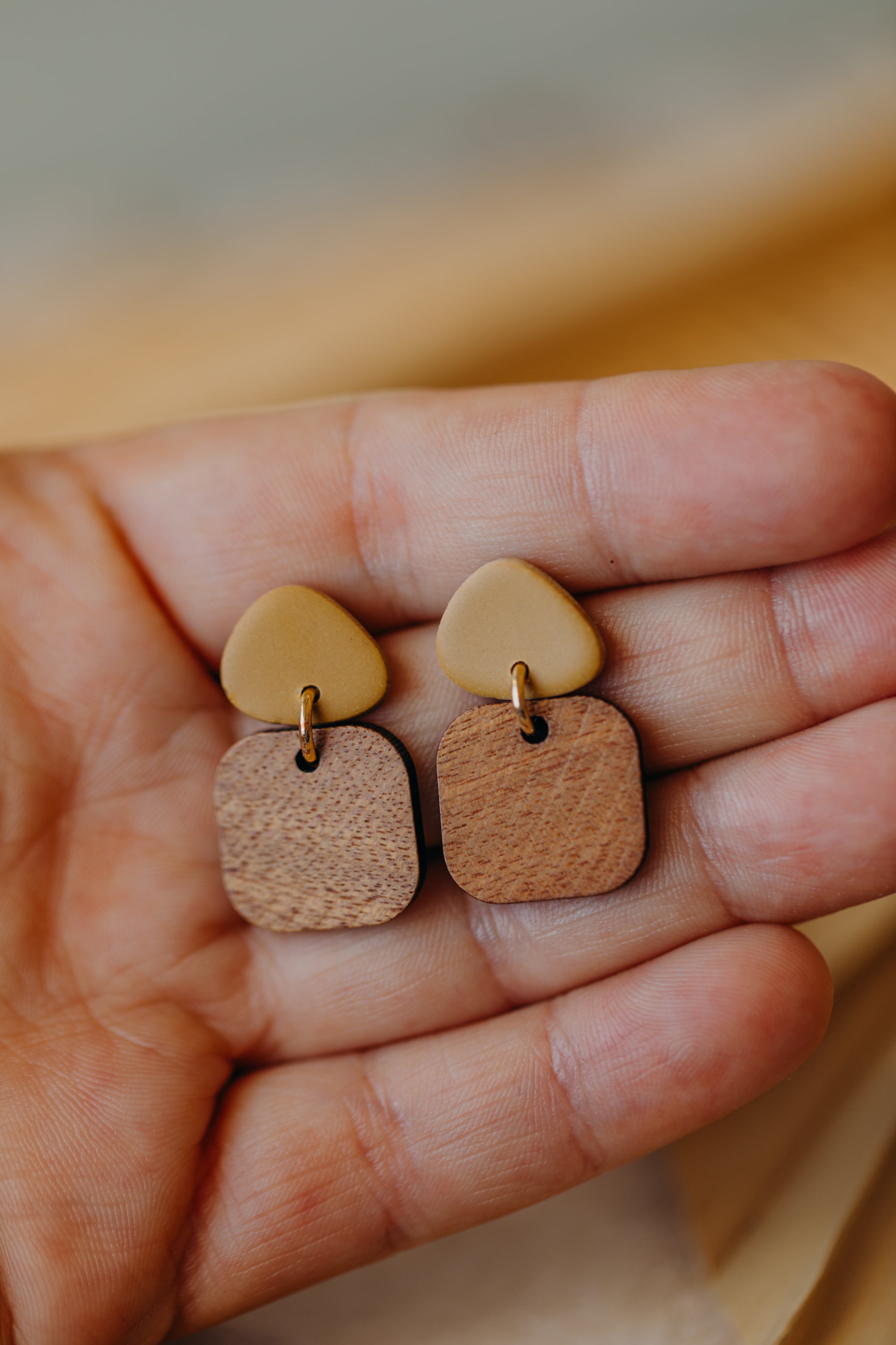 CARLA - triangular polymer clay earrings in soft mustard yellow with rectangular wooden pendant