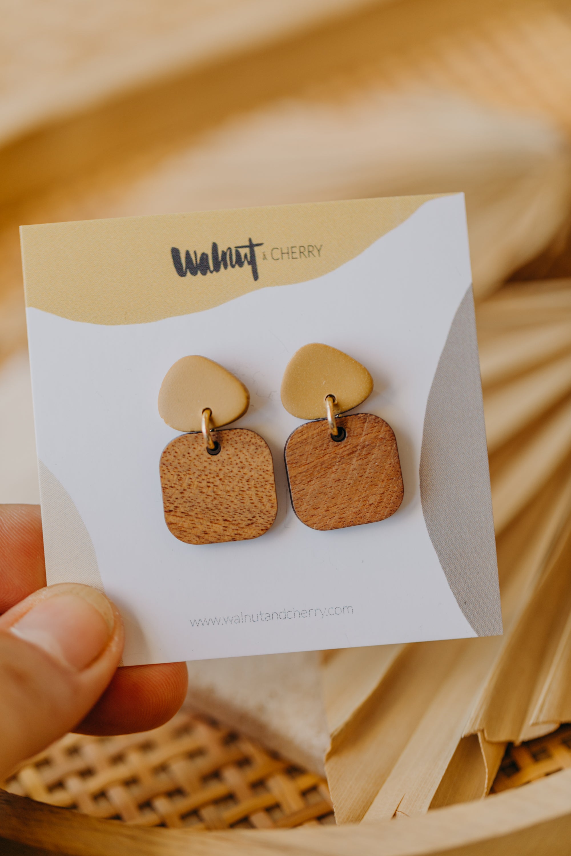 CARLA - triangular polymer clay earrings in soft mustard yellow with rectangular wooden pendant
