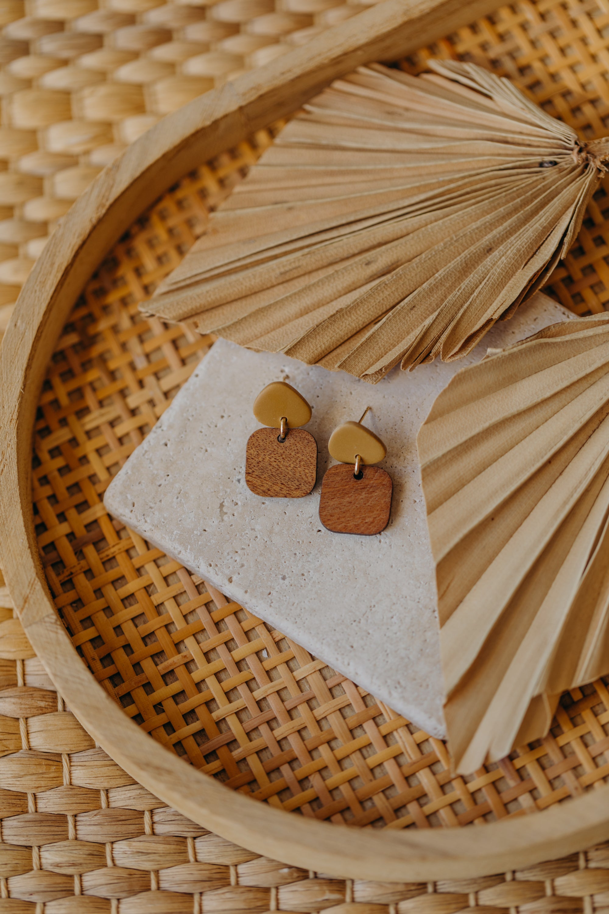CARLA - triangular polymer clay earrings in soft mustard yellow with rectangular wooden pendant