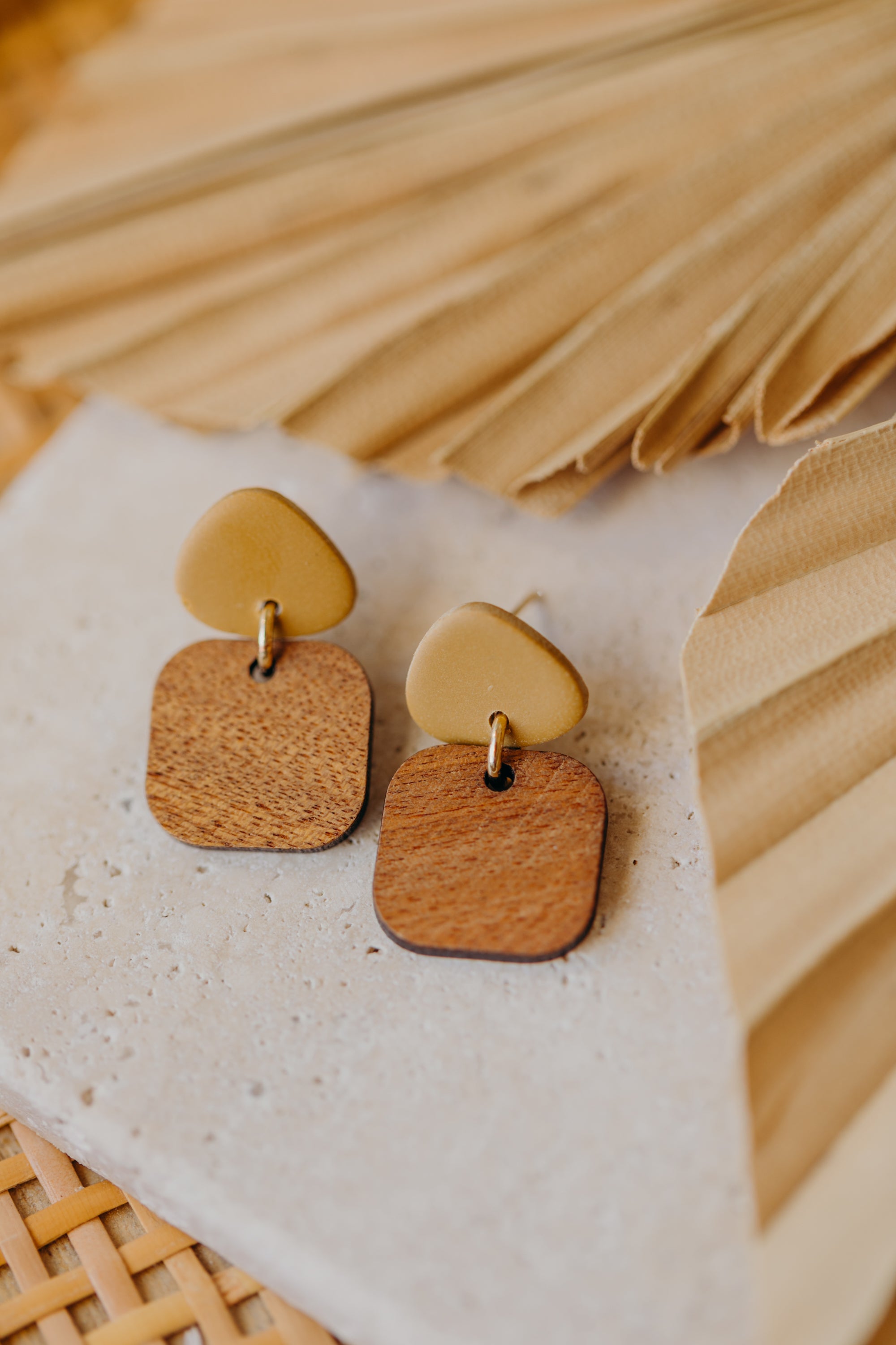 CARLA - triangular polymer clay earrings in soft mustard yellow with rectangular wooden pendant