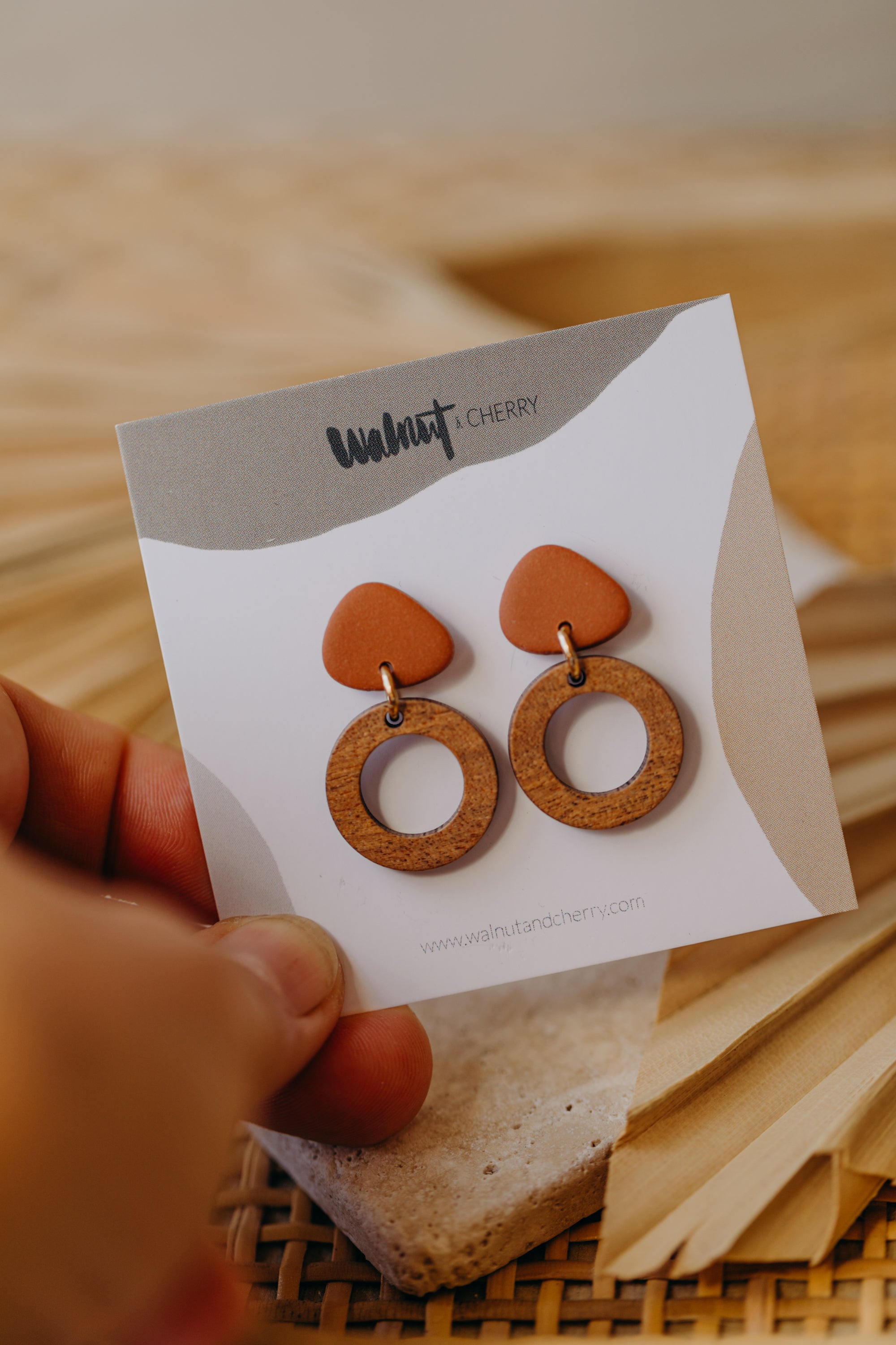 SMILLA - triangular polymer clay earrings in cinnamon with small circle
