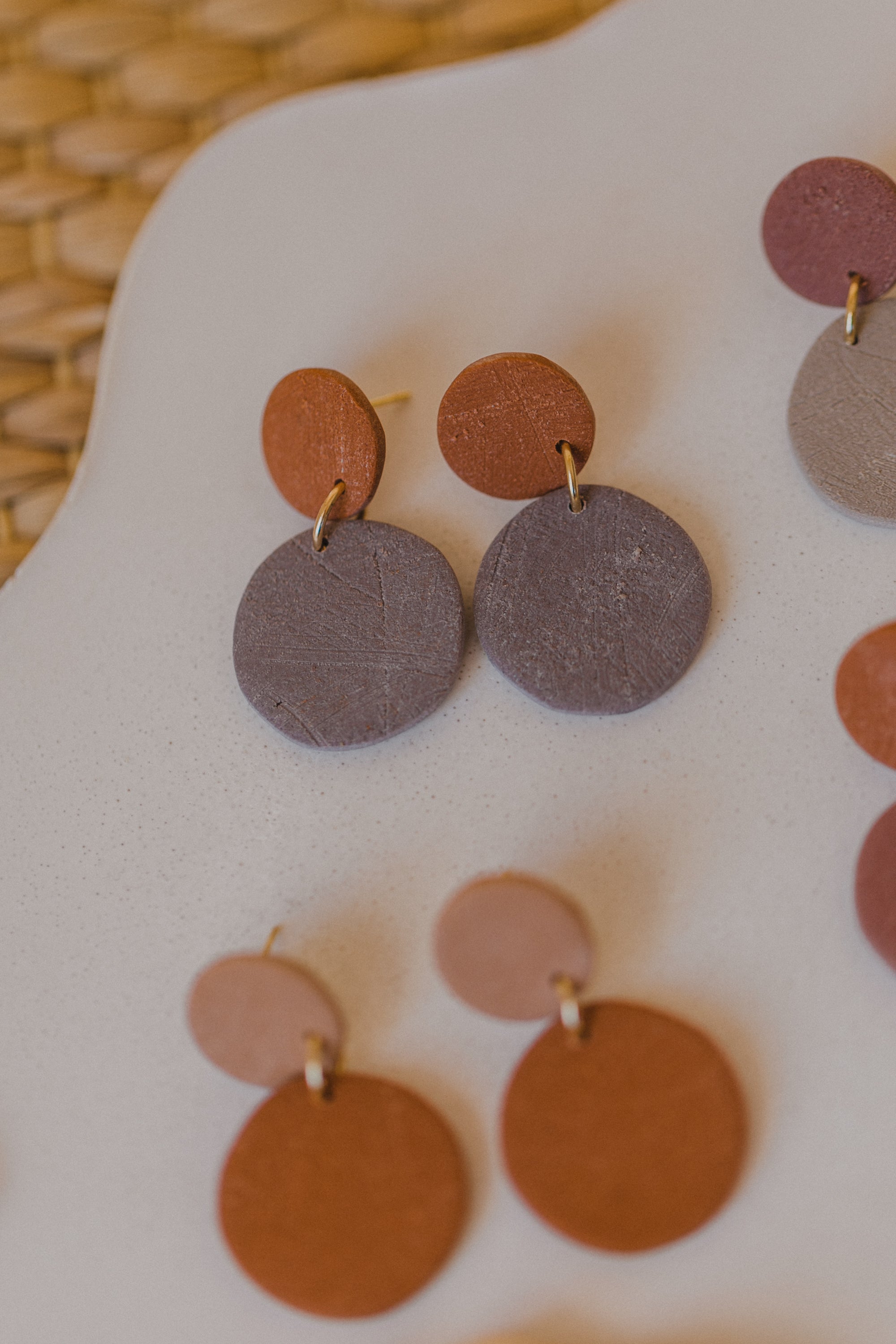 round earrings made of polymer clay in autumn colors