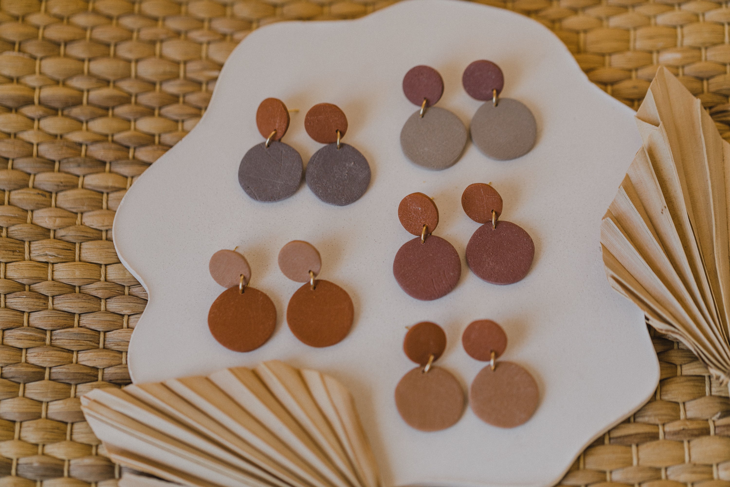 round earrings made of polymer clay in autumn colors