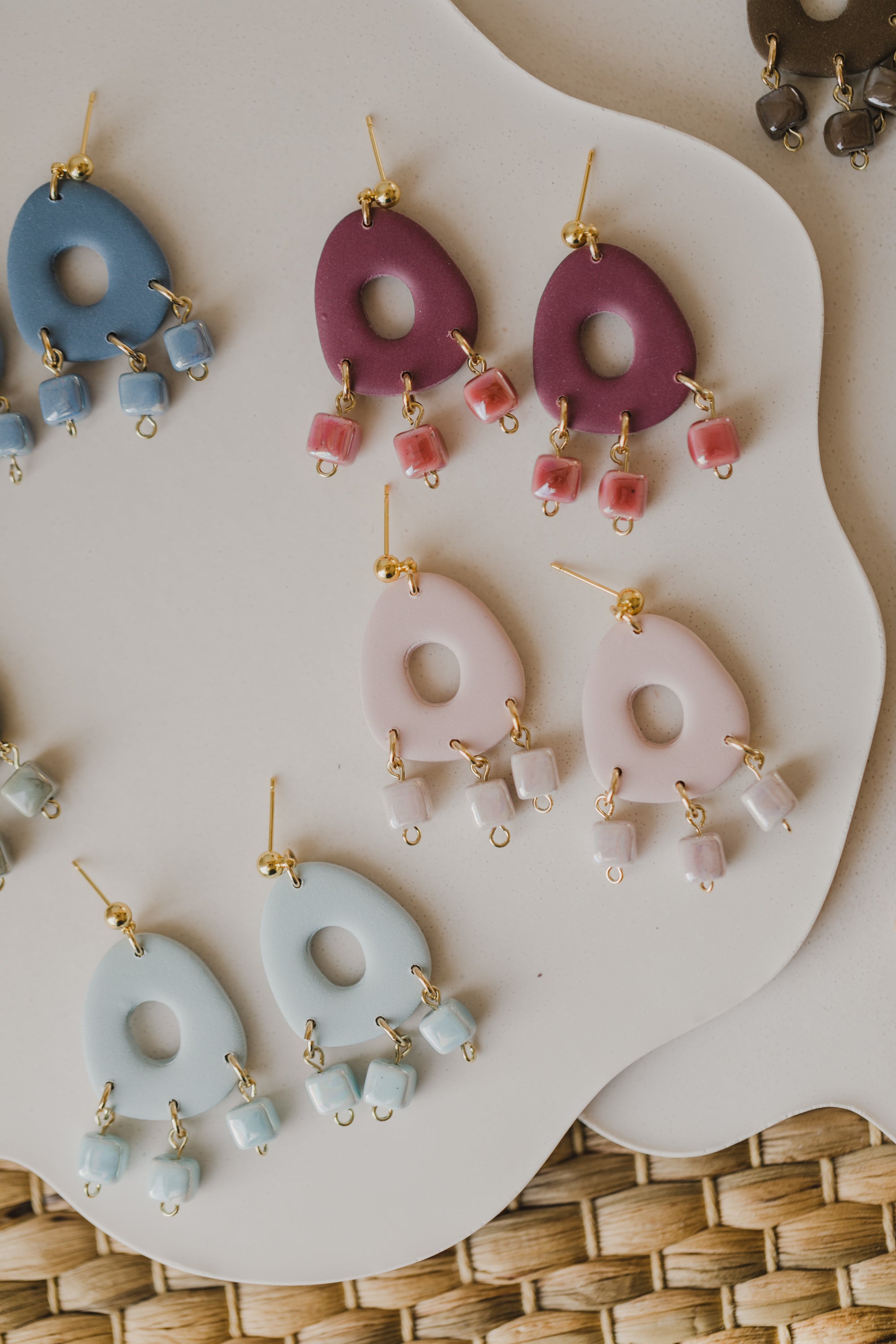 three-colored polymer clay earrings in ceramic look