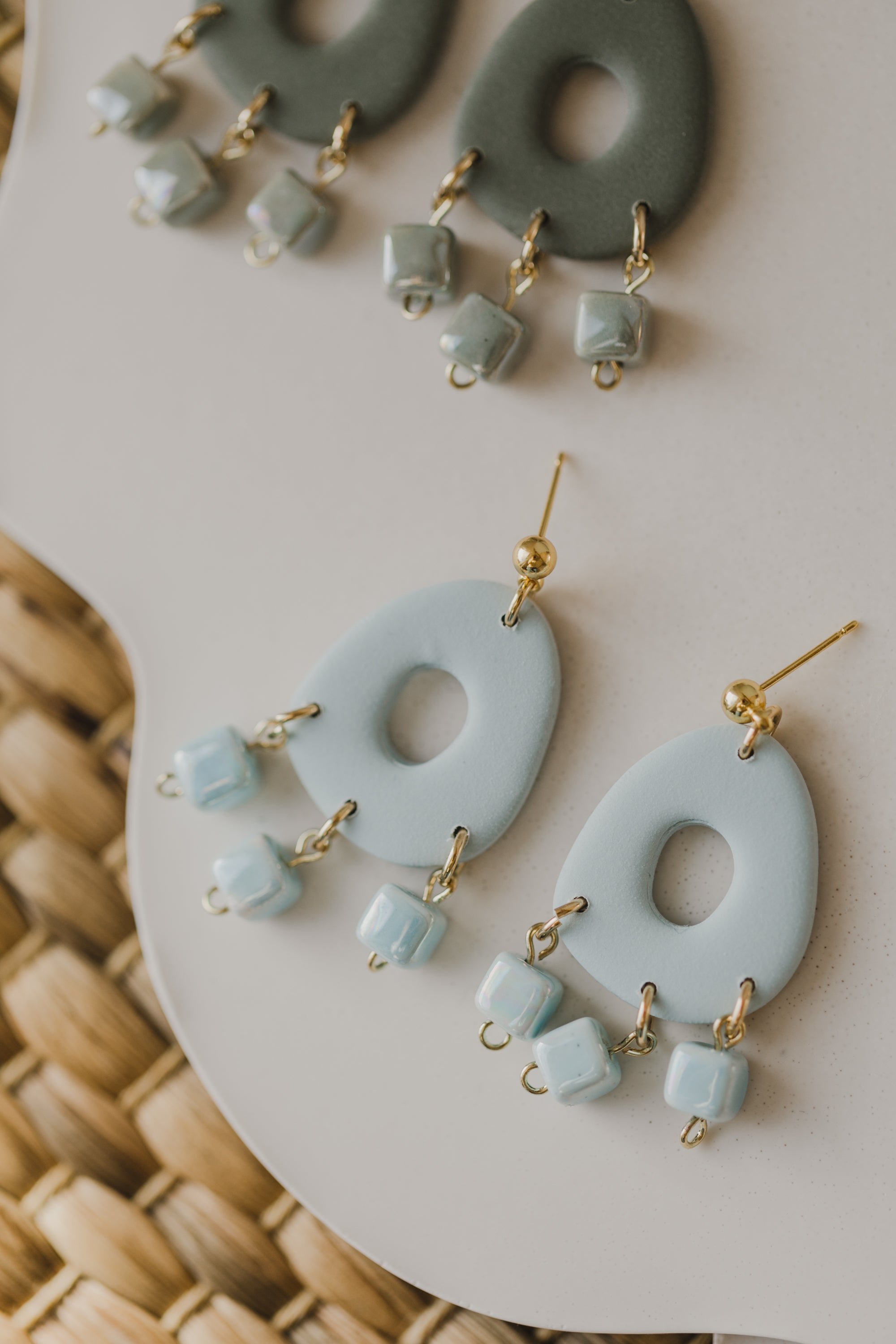 three-colored polymer clay earrings in ceramic look