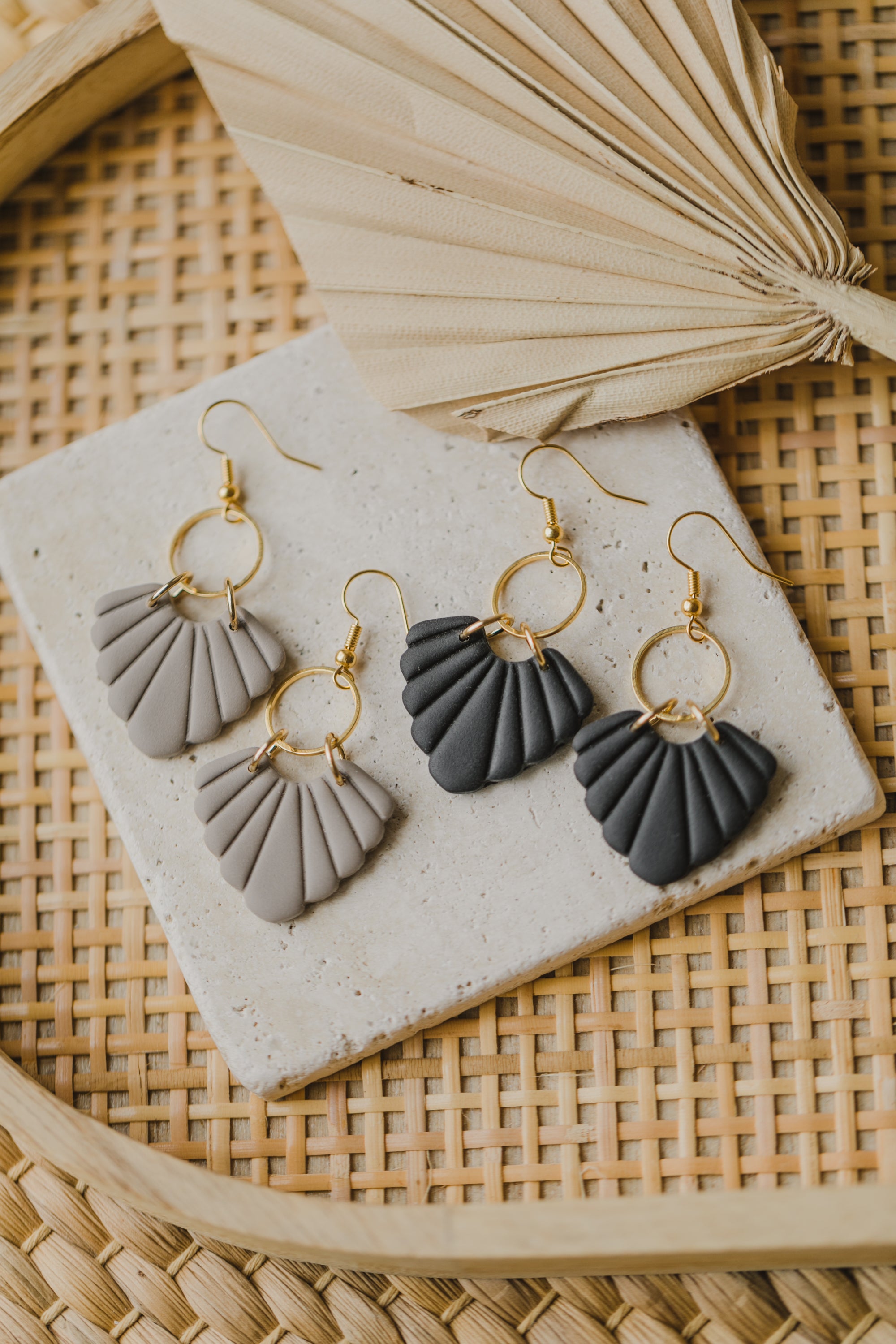 Hoop earrings with round polymer clay pendant and leaf