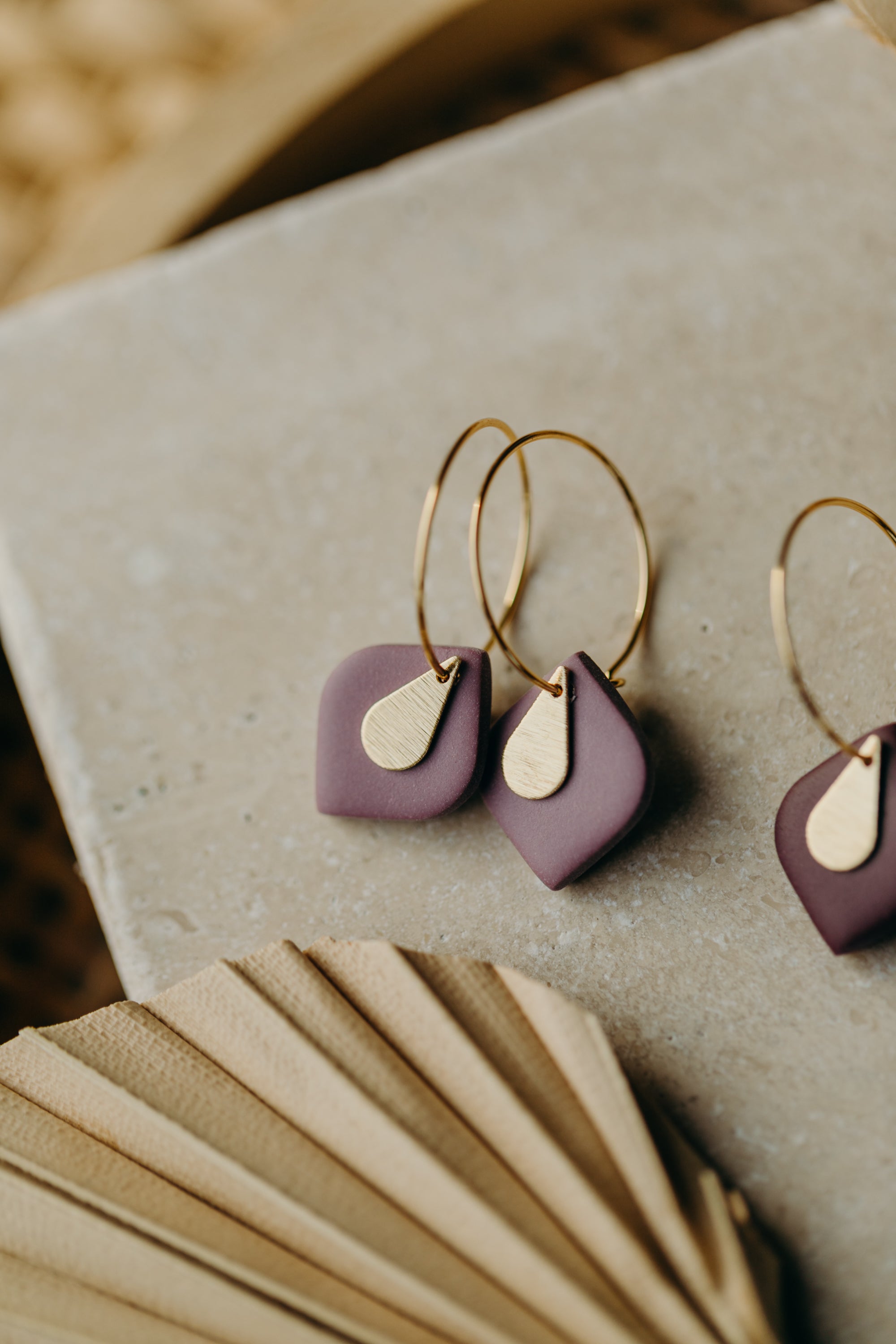 KATJA - Hoop earrings with teardrop polymer clay pendants in berry tones