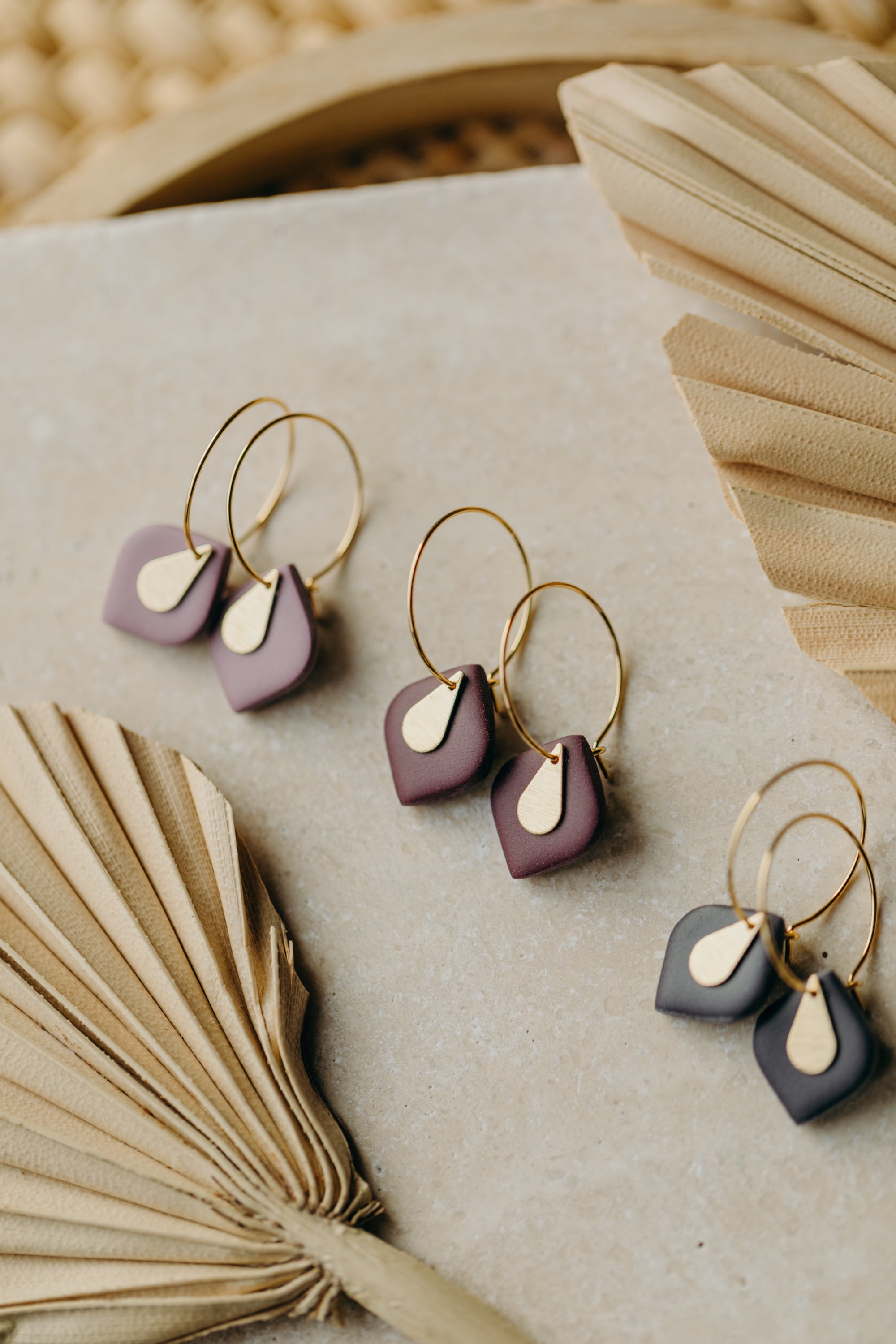 KATJA - Hoop earrings with teardrop polymer clay pendants in berry tones