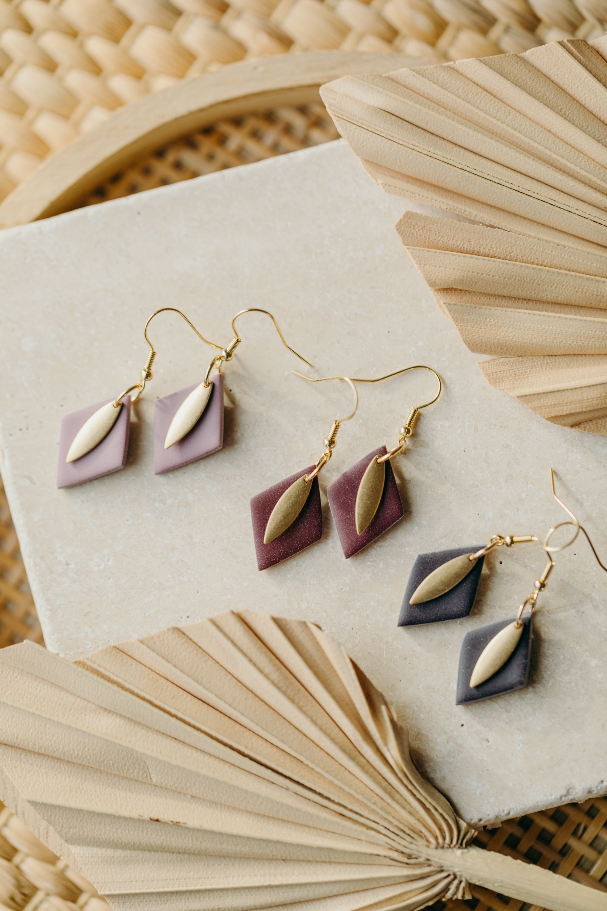JOELLE - diamond-shaped polymer clay earrings in berry tones