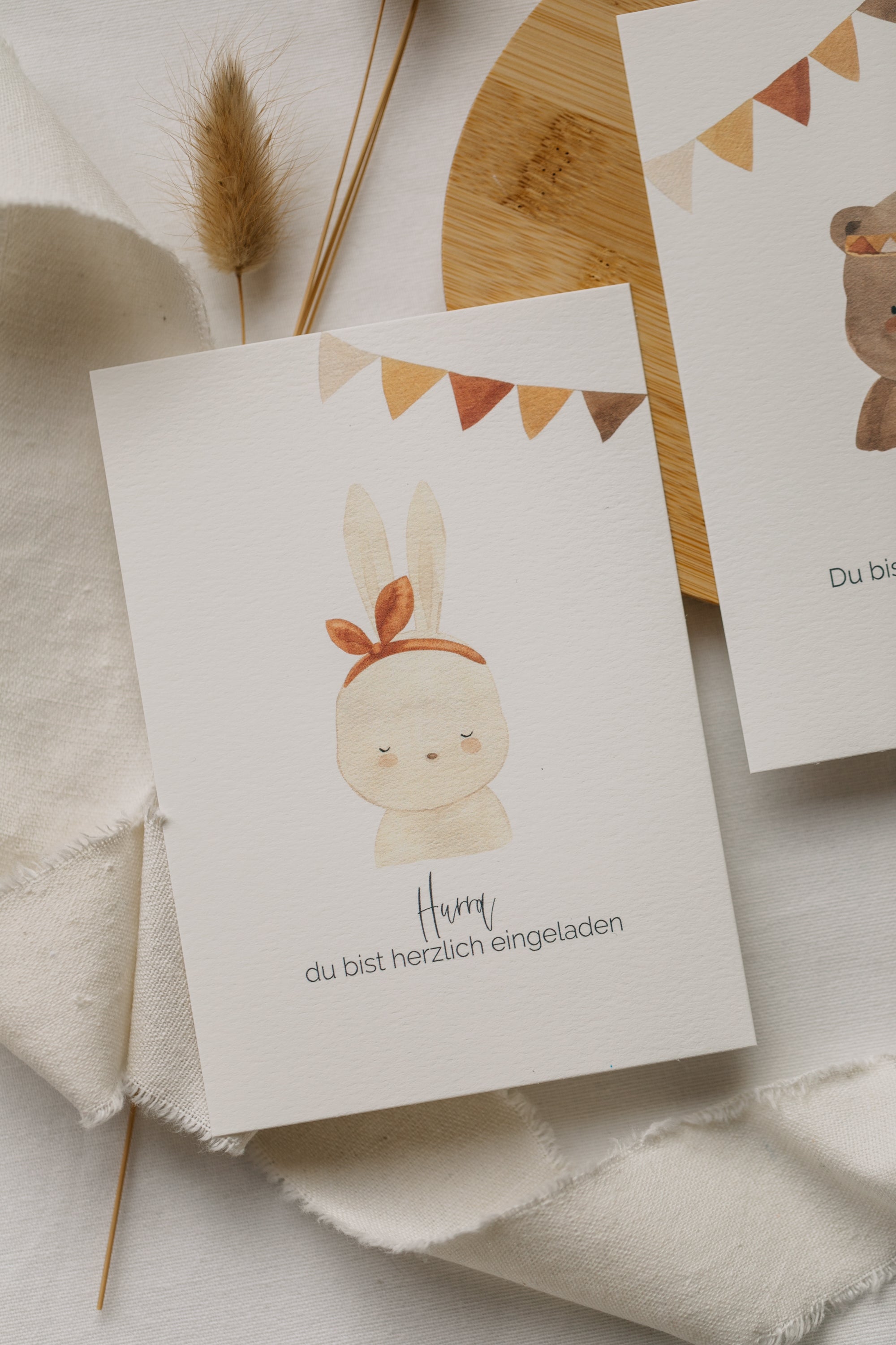 Postcard "Hurray, you are cordially invited" - white rabbit or brown bear